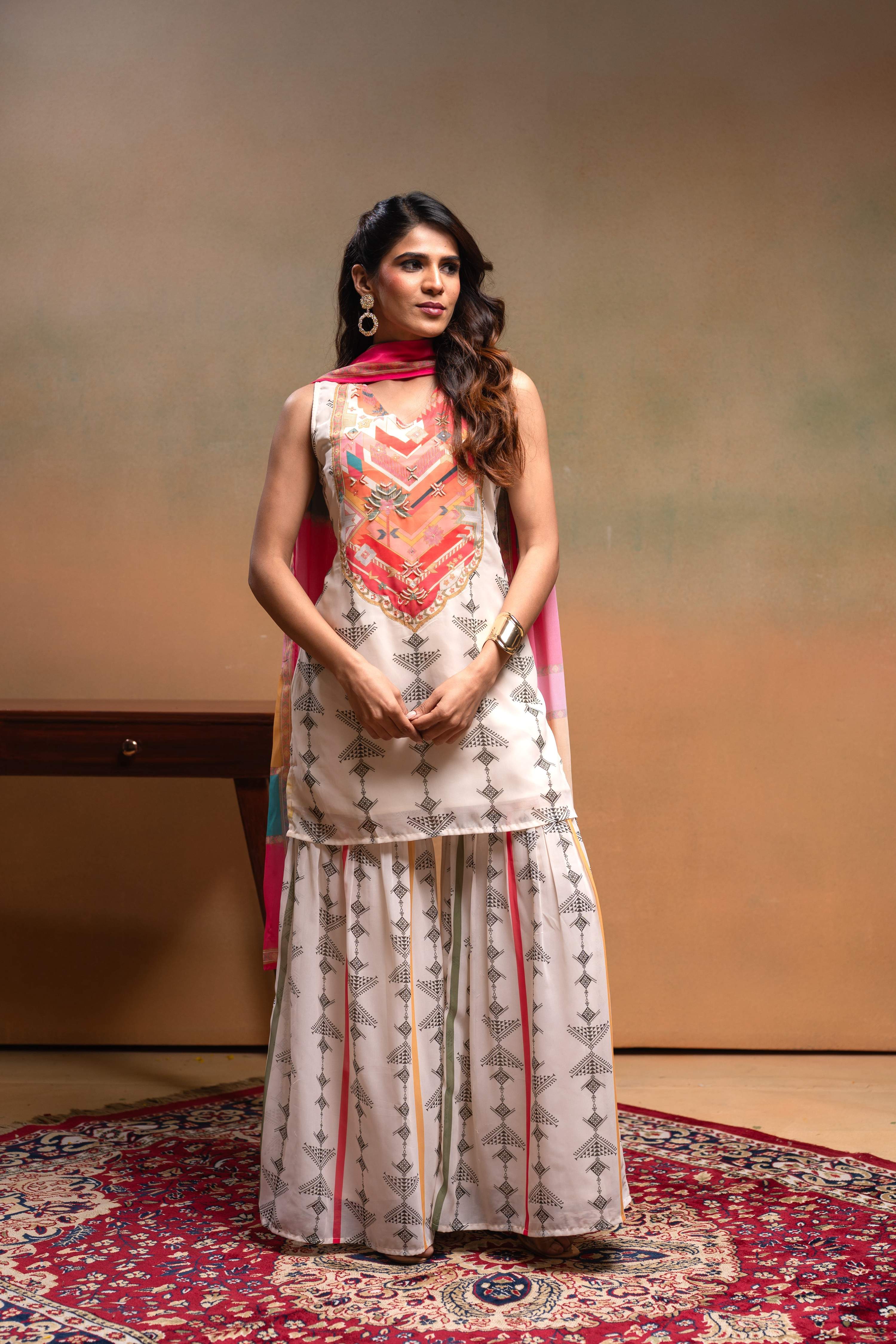 Juniper Ivory Man Made Fiber Floral Embellished Kurta With Sharara & Dupatta Set With Beads Work - Distacart
