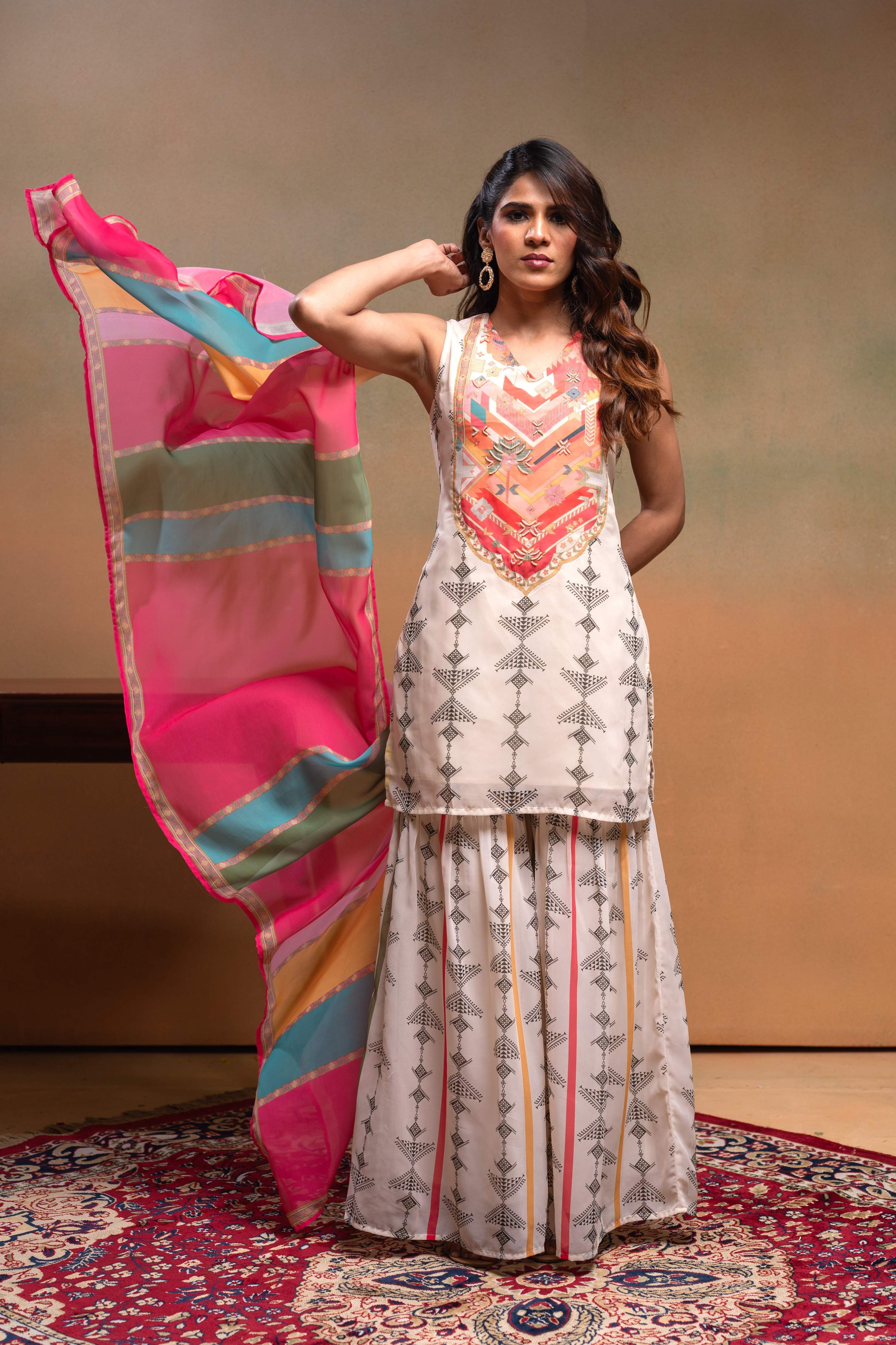 Juniper Ivory Man Made Fiber Floral Embellished Kurta With Sharara & Dupatta Set With Beads Work - Distacart