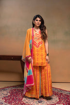 Juniper Mustard Man Made Fiber Floral Embellished Kurta With Sharara & Dupatta Set With Beads Work - Distacart
