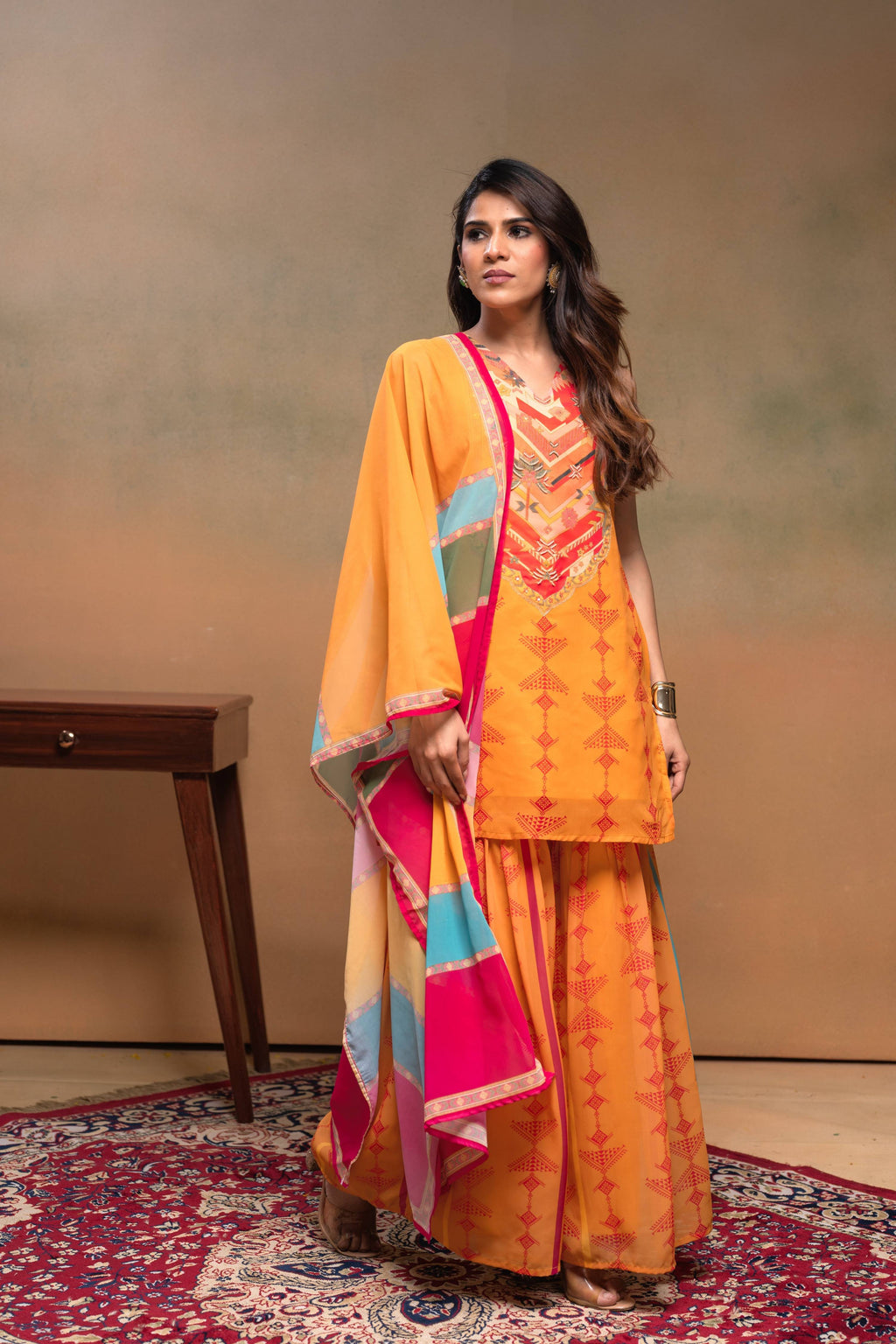 Juniper Mustard Man Made Fiber Floral Embellished Kurta With Sharara & Dupatta Set With Beads Work - Distacart