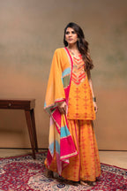 Juniper Mustard Man Made Fiber Floral Embellished Kurta With Sharara & Dupatta Set With Beads Work - Distacart