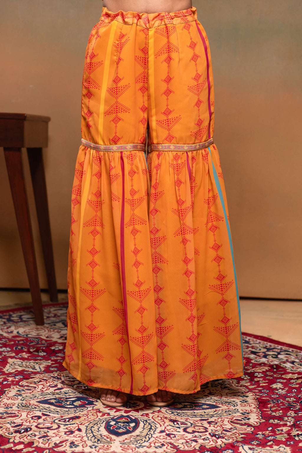 Juniper Mustard Man Made Fiber Floral Embellished Kurta With Sharara & Dupatta Set With Beads Work - Distacart