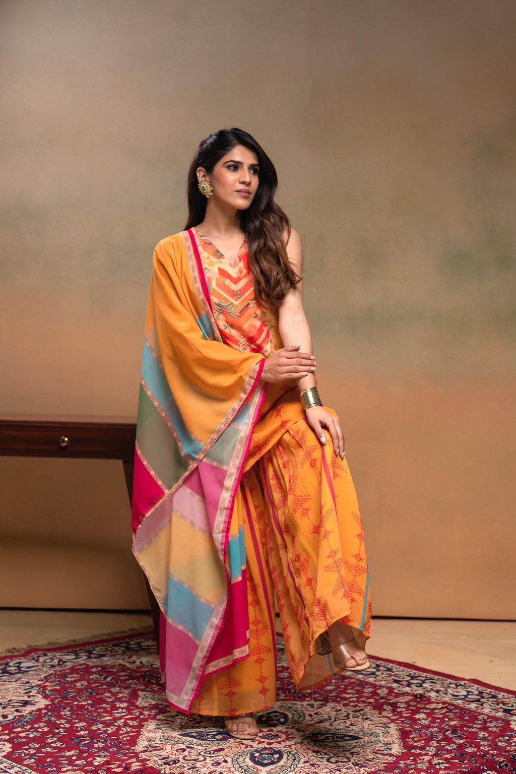 Juniper Mustard Man Made Fiber Floral Embellished Kurta With Sharara & Dupatta Set With Beads Work - Distacart