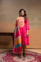 Juniper Fuchsia Man Made Fiber Ethnic A-Line Kurta With Pants & Dupatta Set With Mirror & Thread Work - Distacart
