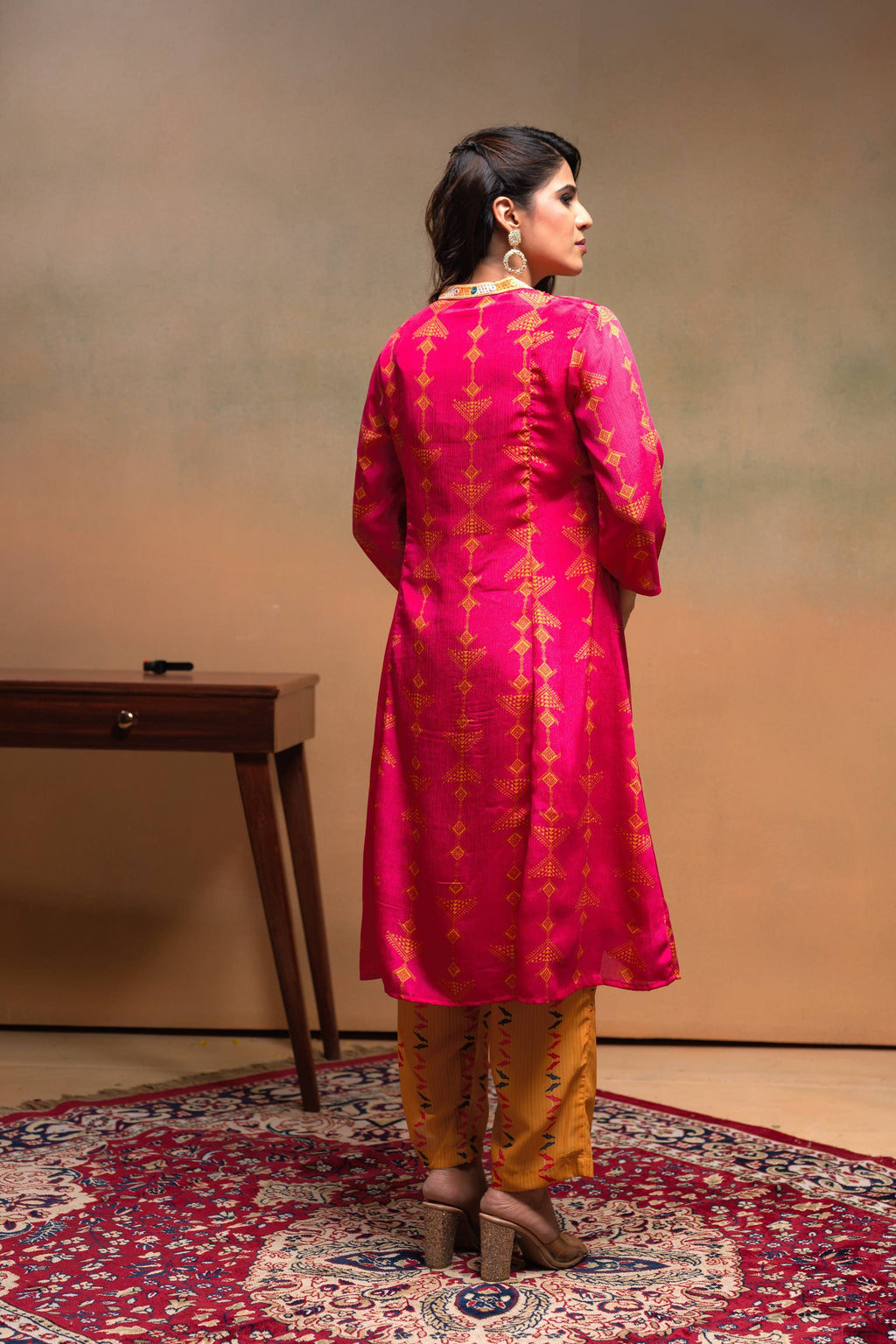 Juniper Fuchsia Man Made Fiber Ethnic A-Line Kurta With Pants & Dupatta Set With Mirror & Thread Work - Distacart