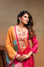 Juniper Fuchsia Man Made Fiber Ethnic A-Line Kurta With Pants & Dupatta Set With Mirror & Thread Work - Distacart
