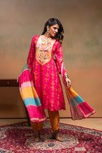 Juniper Fuchsia Man Made Fiber Ethnic A-Line Kurta With Pants & Dupatta Set With Mirror & Thread Work - Distacart