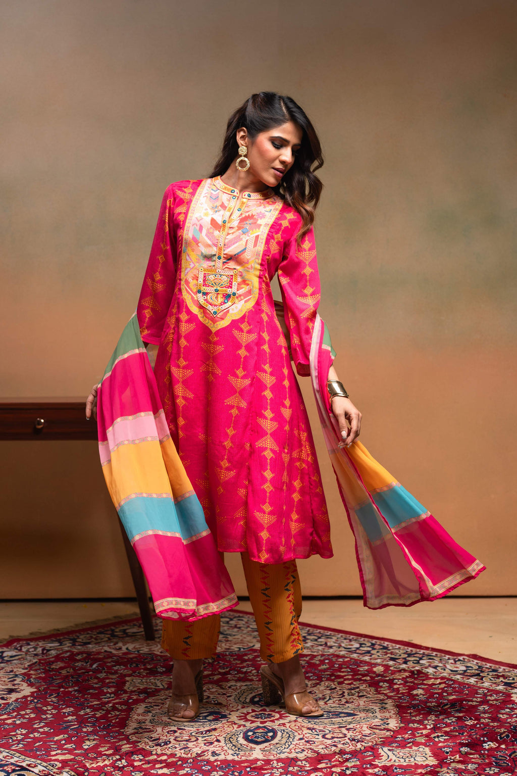 Juniper Fuchsia Man Made Fiber Ethnic A-Line Kurta With Pants & Dupatta Set With Mirror & Thread Work - Distacart