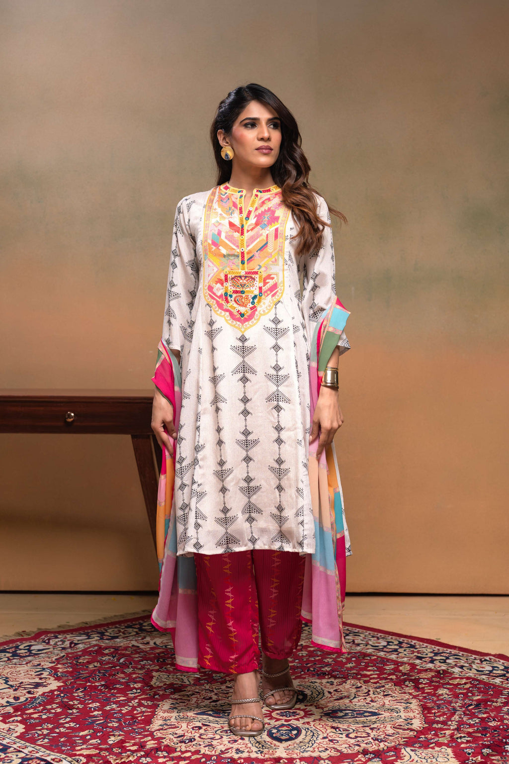 Juniper Ivory Man Made Fiber Ethnic A-Line Kurta With Pants & Dupatta Set With Mirror & Thread Work - Distacart