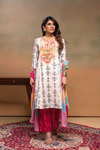 Juniper Ivory Man Made Fiber Ethnic A-Line Kurta With Pants & Dupatta Set With Mirror & Thread Work - Distacart