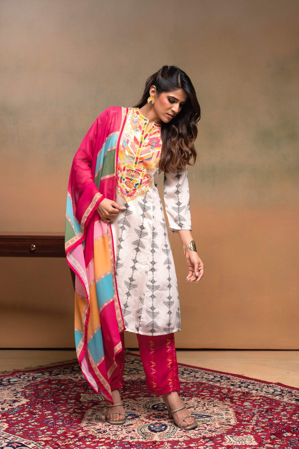 Juniper Ivory Man Made Fiber Ethnic A-Line Kurta With Pants & Dupatta Set With Mirror & Thread Work - Distacart