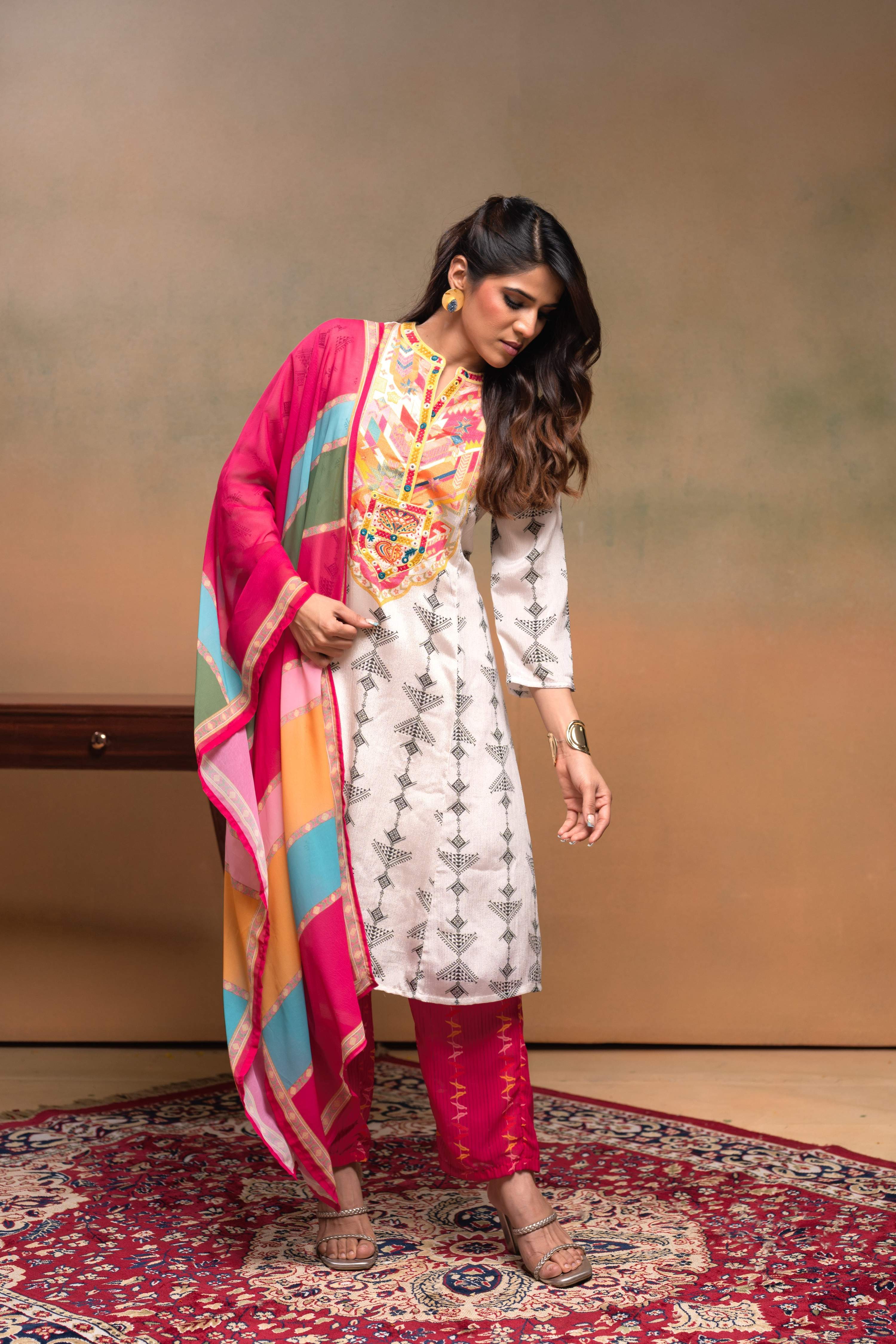 Juniper Ivory Man Made Fiber Ethnic A-Line Kurta With Pants & Dupatta Set With Mirror & Thread Work - Distacart