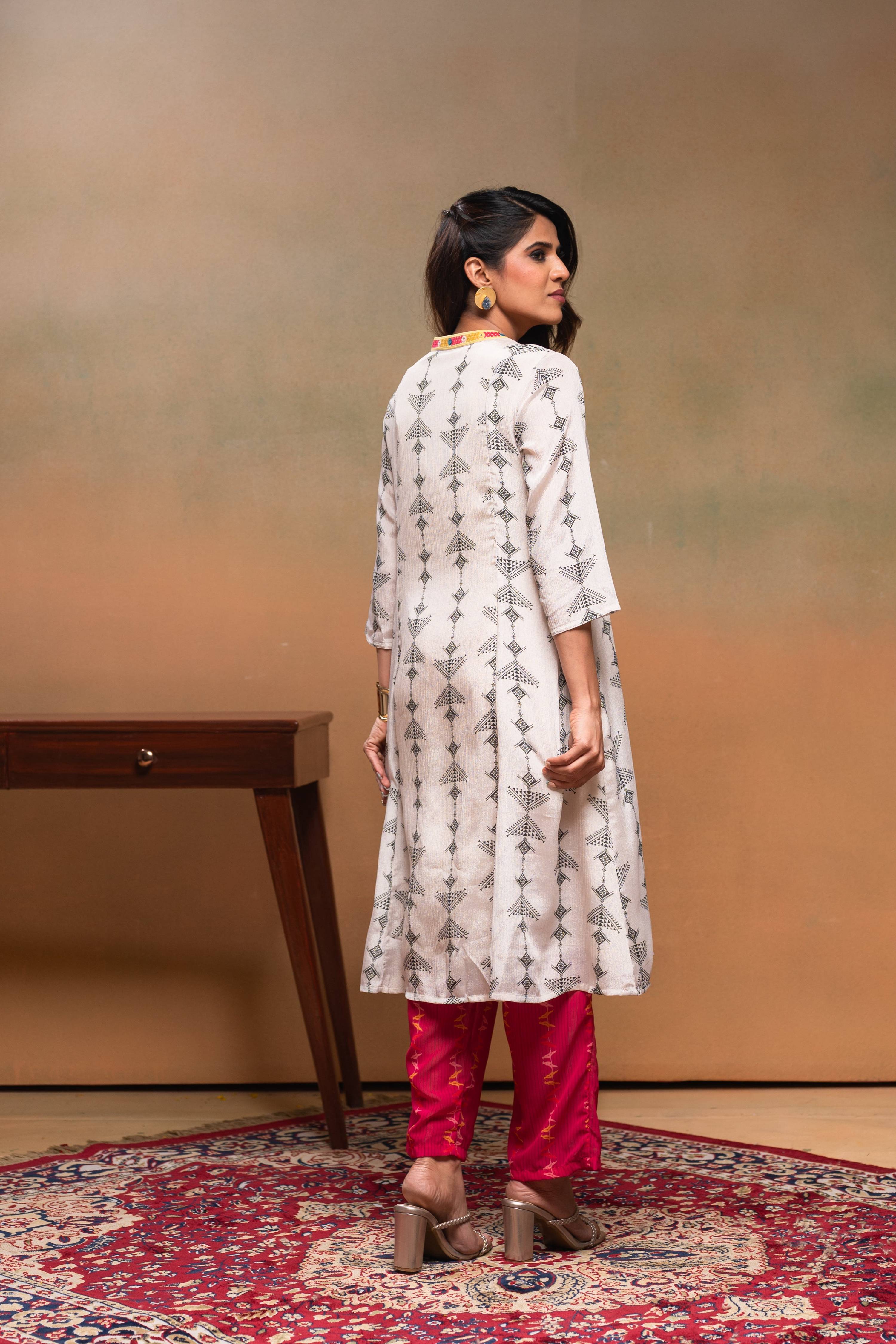 Juniper Ivory Man Made Fiber Ethnic A-Line Kurta With Pants & Dupatta Set With Mirror & Thread Work - Distacart