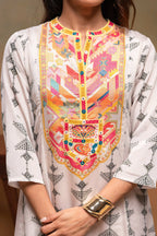 Juniper Ivory Man Made Fiber Ethnic A-Line Kurta With Pants & Dupatta Set With Mirror & Thread Work - Distacart
