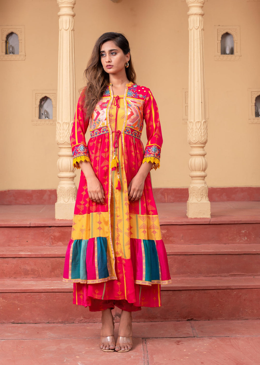Juniper Fuchsia Man Made Fiber Ethnic Gathered Flared Long Dress With Mirror & Thread Work - Distacart