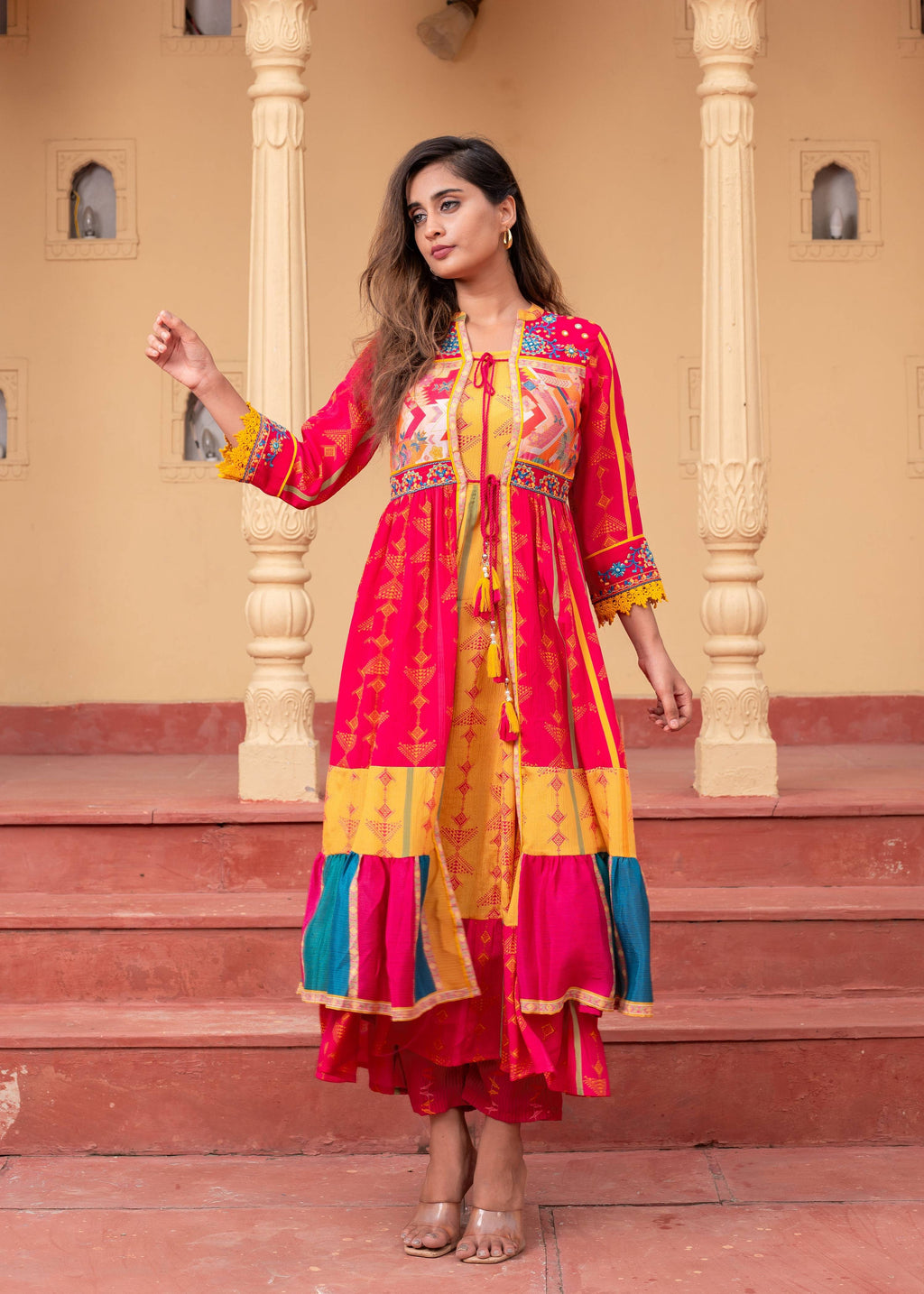 Juniper Fuchsia Man Made Fiber Ethnic Gathered Flared Long Dress With Mirror & Thread Work - Distacart