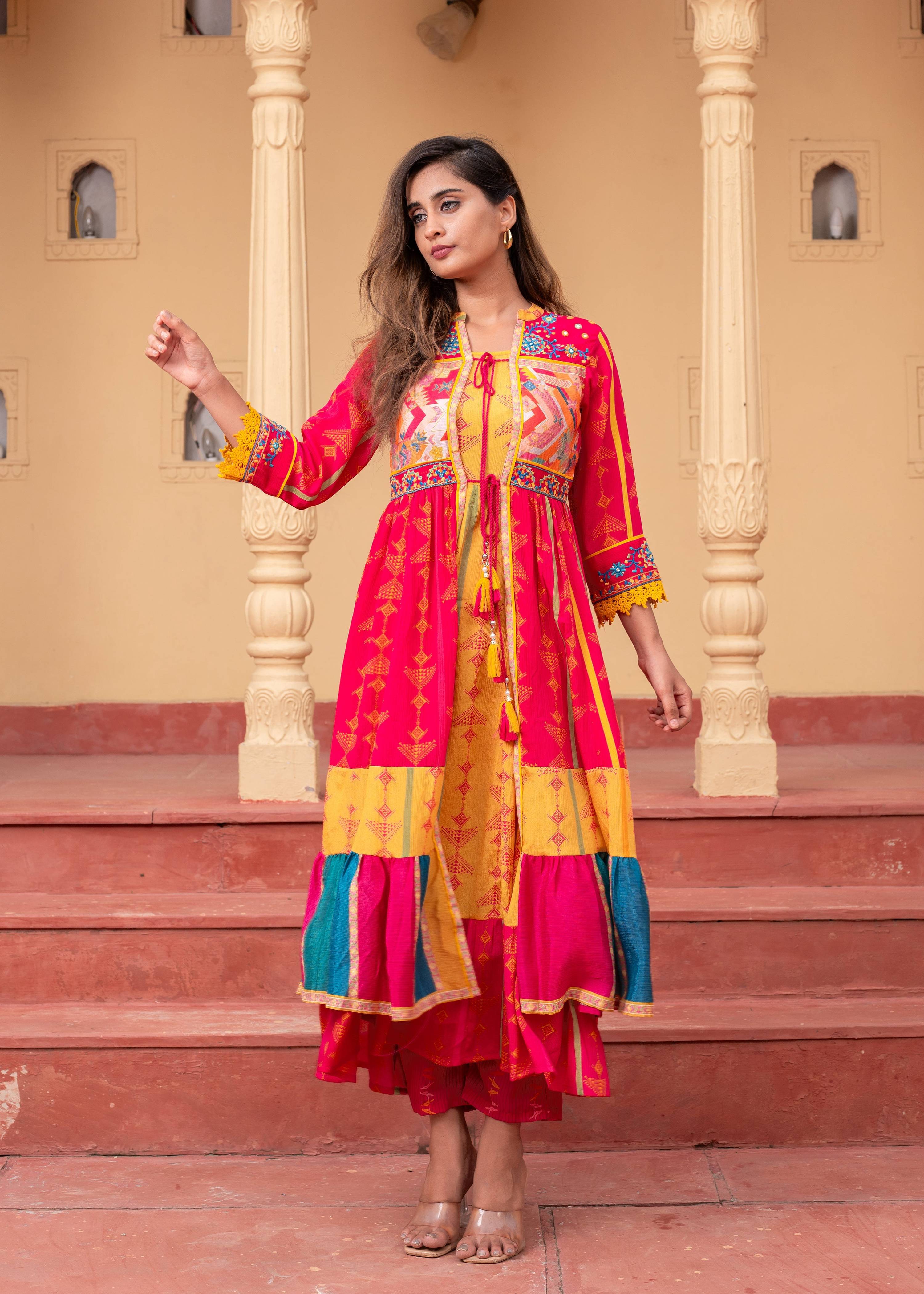 Juniper Fuchsia Man Made Fiber Ethnic Gathered Flared Long Dress With Mirror & Thread Work - Distacart
