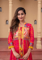 Juniper Fuchsia Man Made Fiber Ethnic Gathered Flared Long Dress With Mirror & Thread Work - Distacart