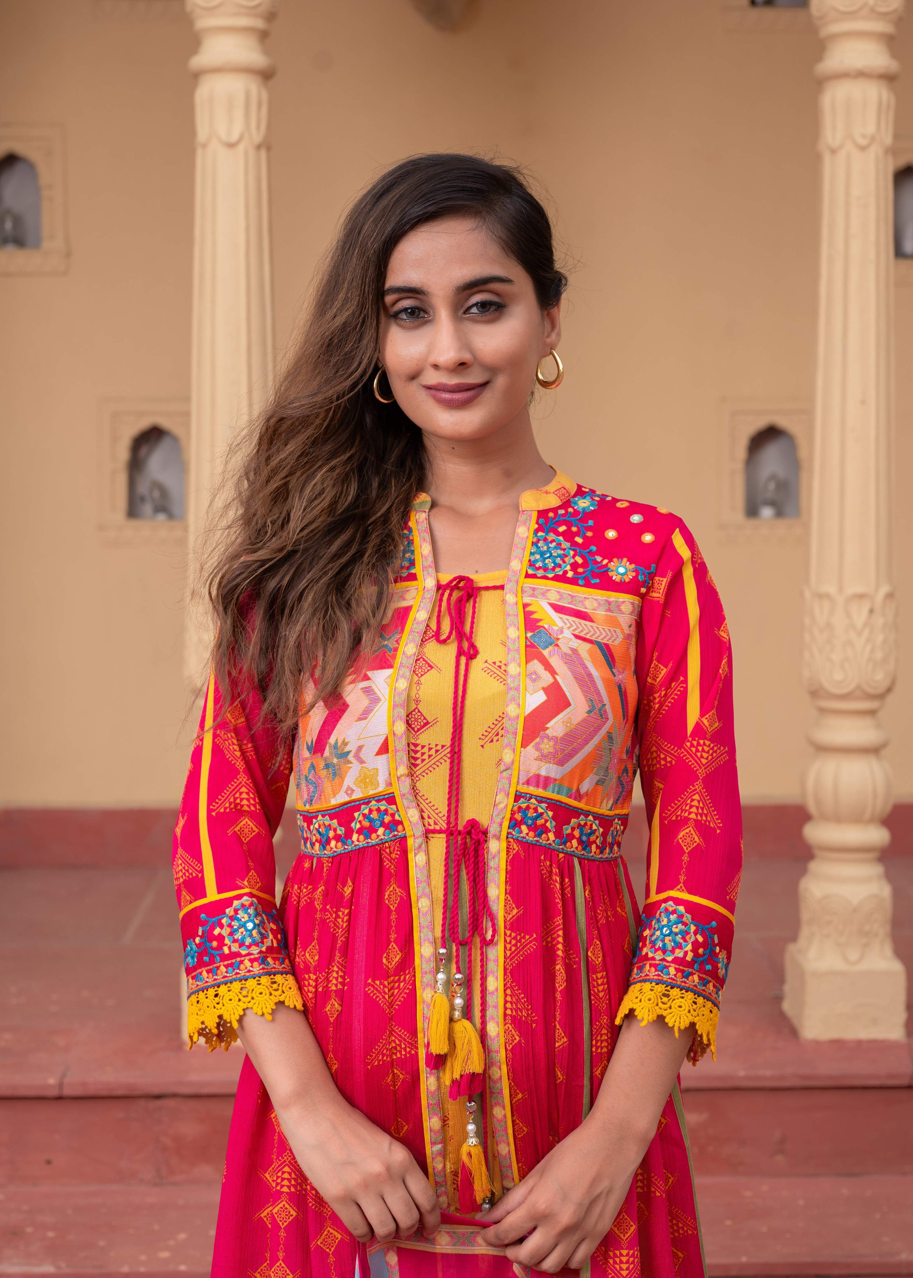 Juniper Fuchsia Man Made Fiber Ethnic Gathered Flared Long Dress With Mirror & Thread Work - Distacart