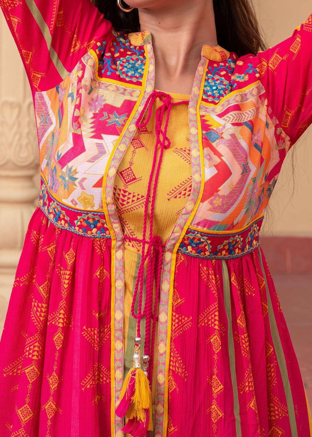 Juniper Fuchsia Man Made Fiber Ethnic Gathered Flared Long Dress With Mirror & Thread Work - Distacart