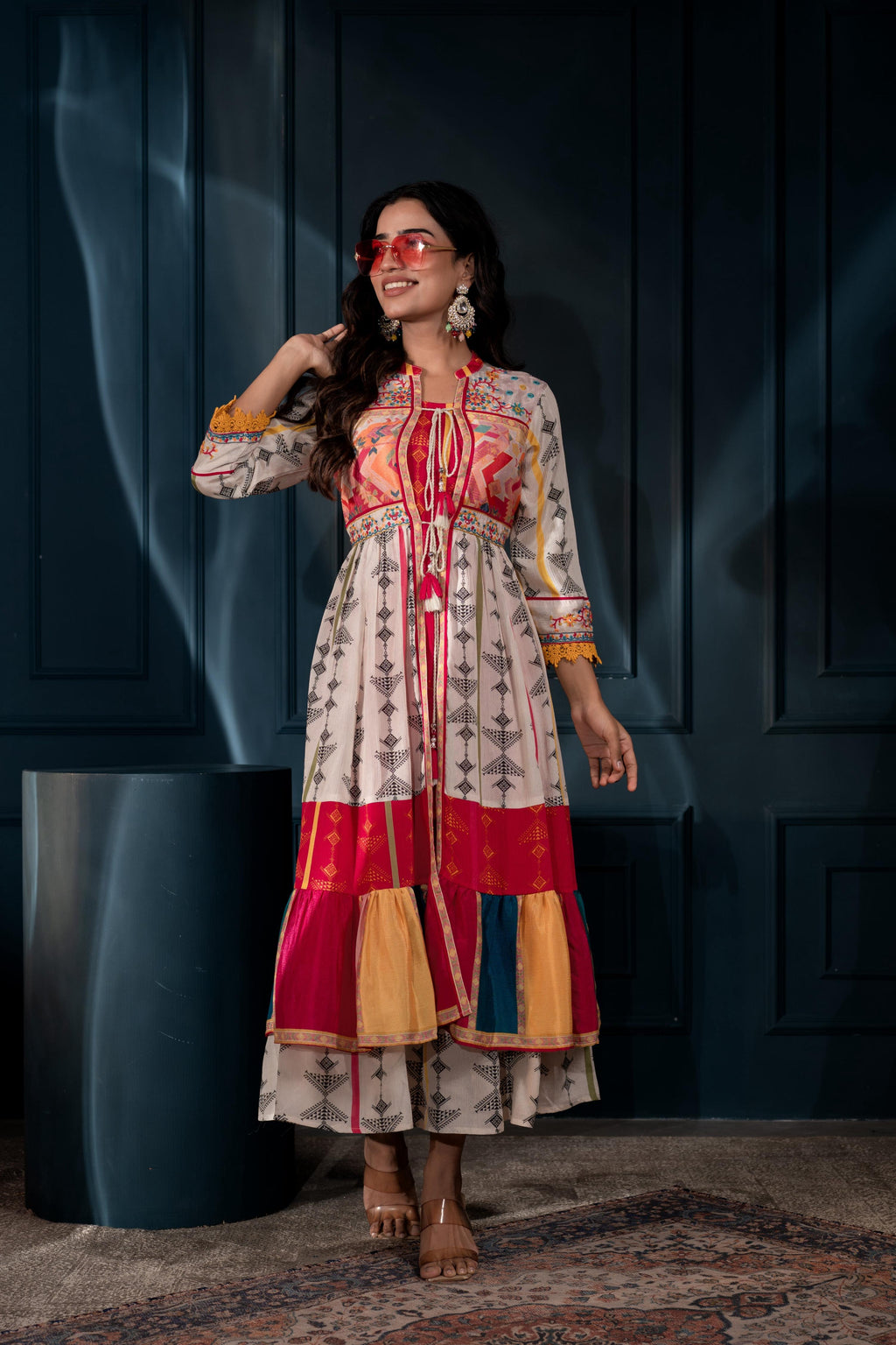 Juniper Ivory Man Made Fiber Ethnic Gathered Flared Long Dress With Mirror & Thread Work - Distacart