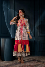 Juniper Ivory Man Made Fiber Ethnic Gathered Flared Long Dress With Mirror & Thread Work - Distacart