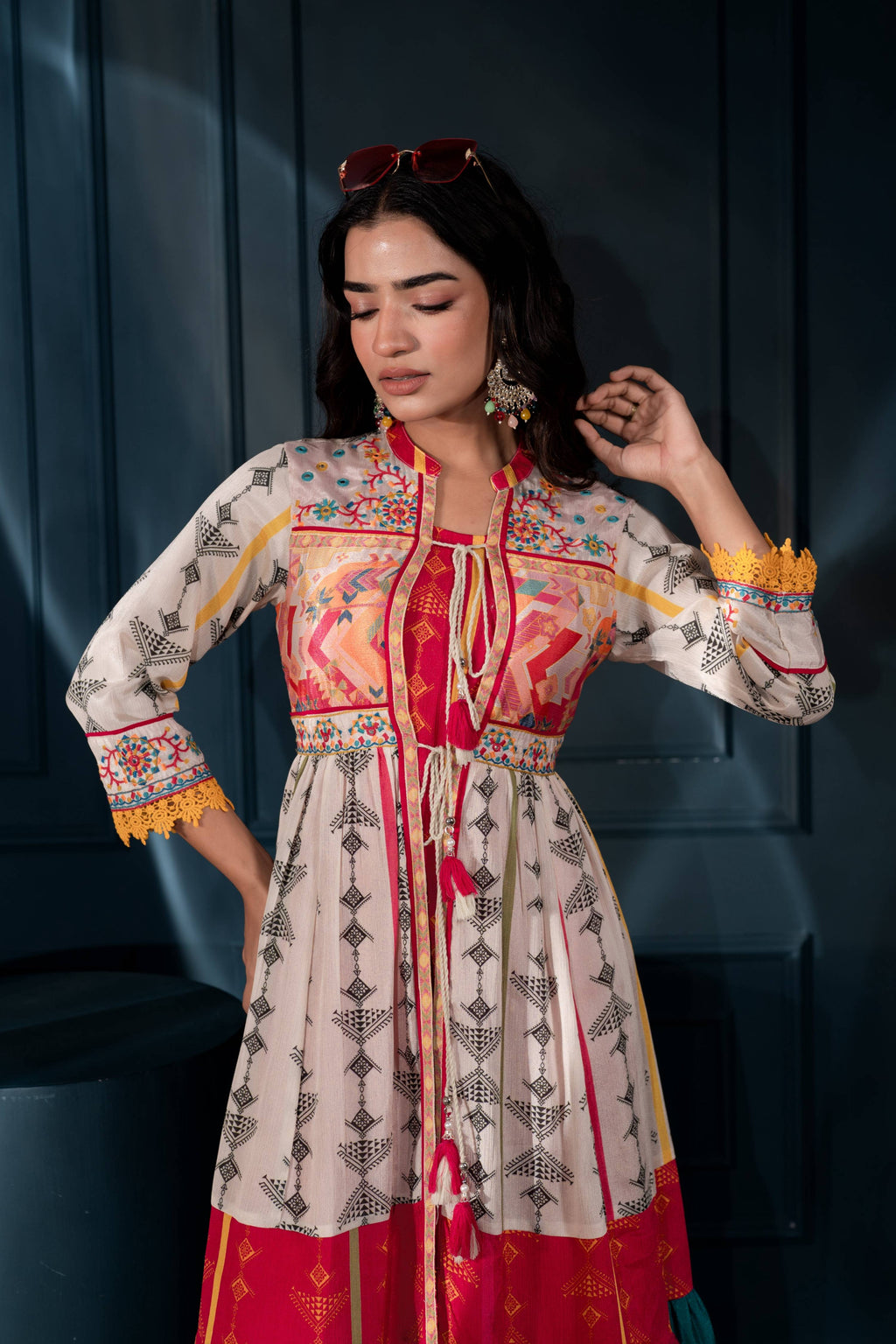 Juniper Ivory Man Made Fiber Ethnic Gathered Flared Long Dress With Mirror & Thread Work - Distacart