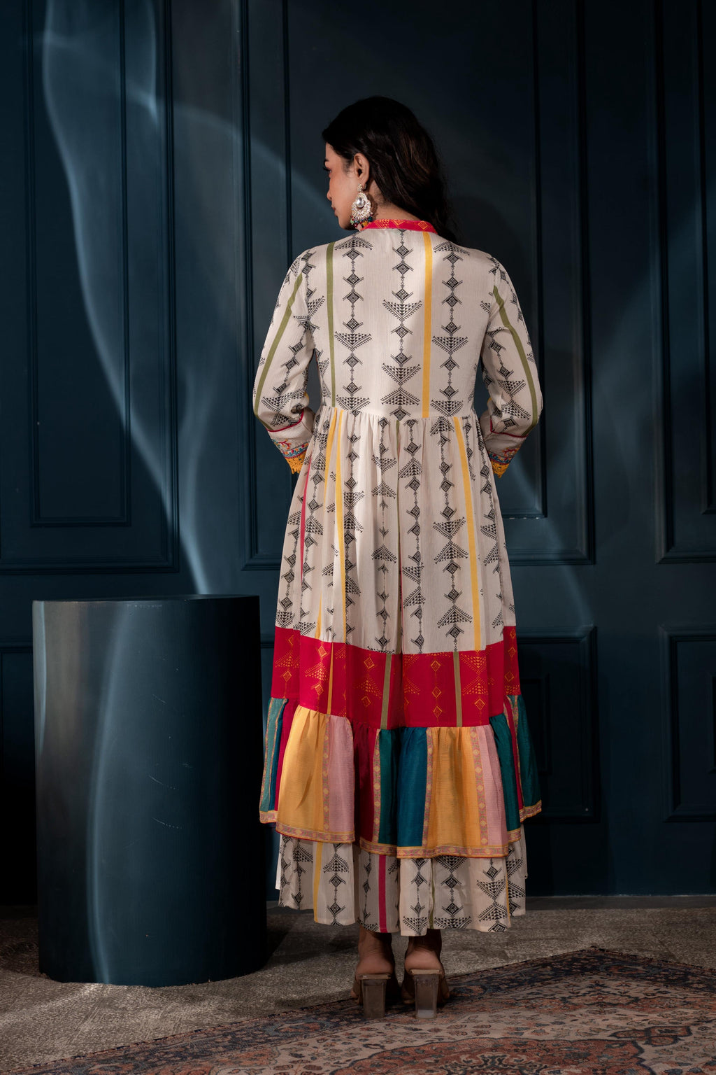 Juniper Ivory Man Made Fiber Ethnic Gathered Flared Long Dress With Mirror & Thread Work - Distacart