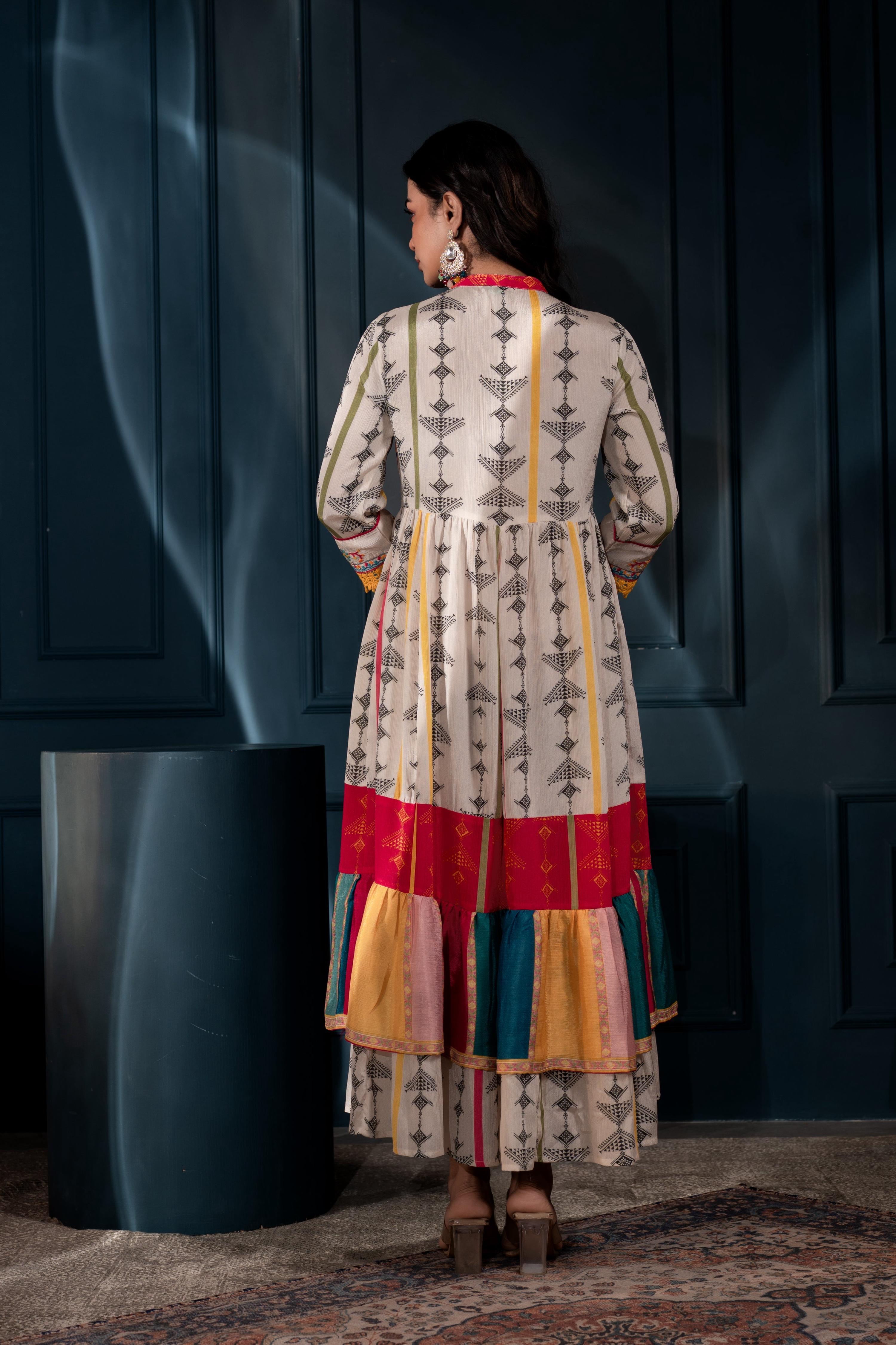 Juniper Ivory Man Made Fiber Ethnic Gathered Flared Long Dress With Mirror & Thread Work - Distacart