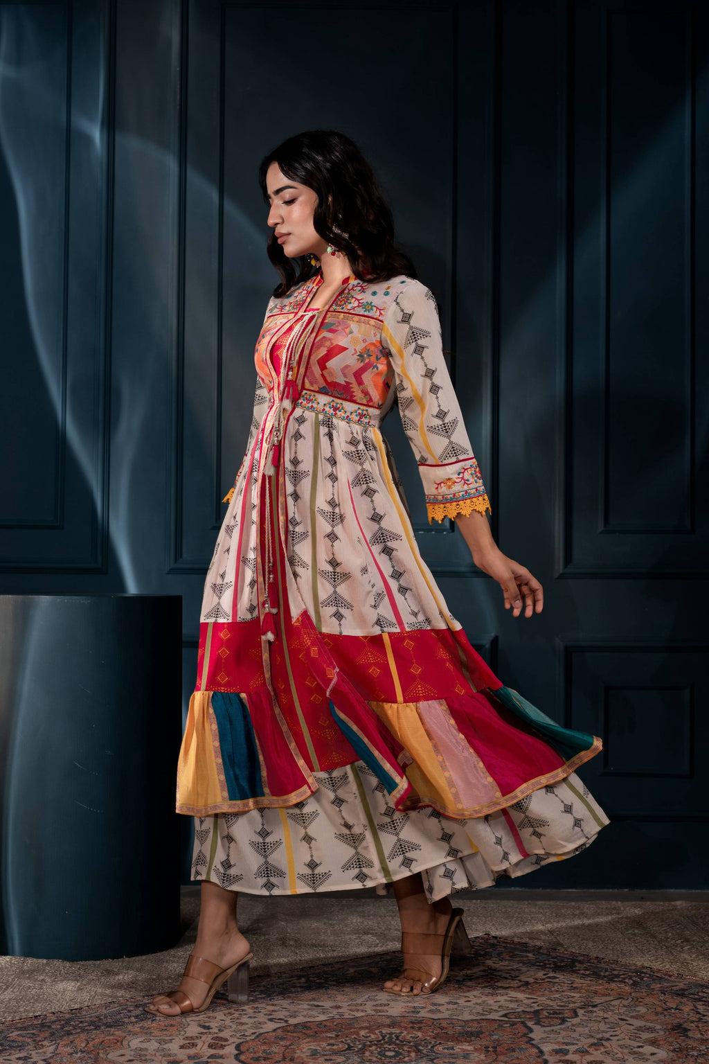 Juniper Ivory Man Made Fiber Ethnic Gathered Flared Long Dress With Mirror & Thread Work - Distacart