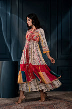 Juniper Ivory Man Made Fiber Ethnic Gathered Flared Long Dress With Mirror & Thread Work - Distacart