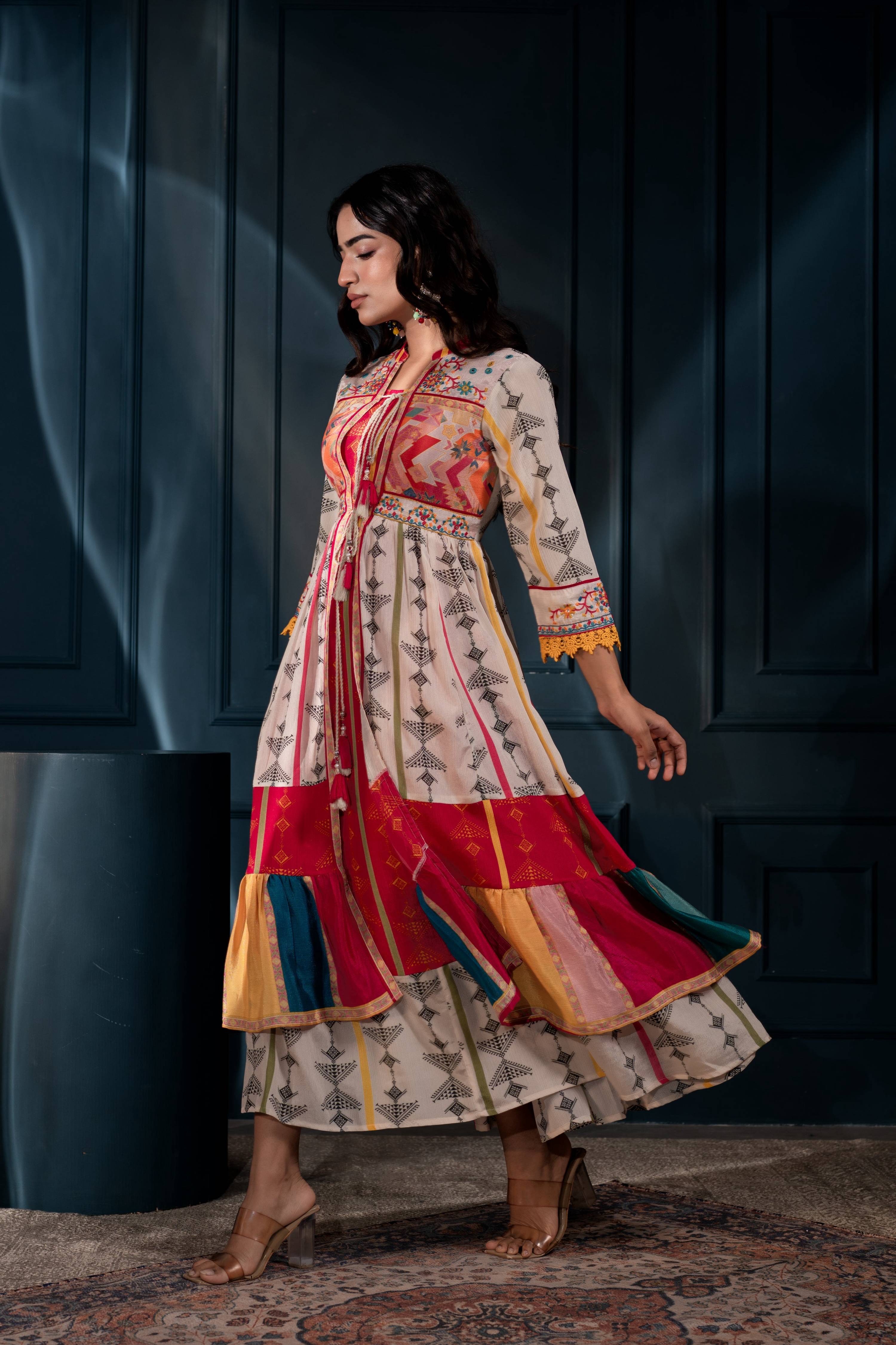 Juniper Ivory Man Made Fiber Ethnic Gathered Flared Long Dress With Mirror & Thread Work - Distacart