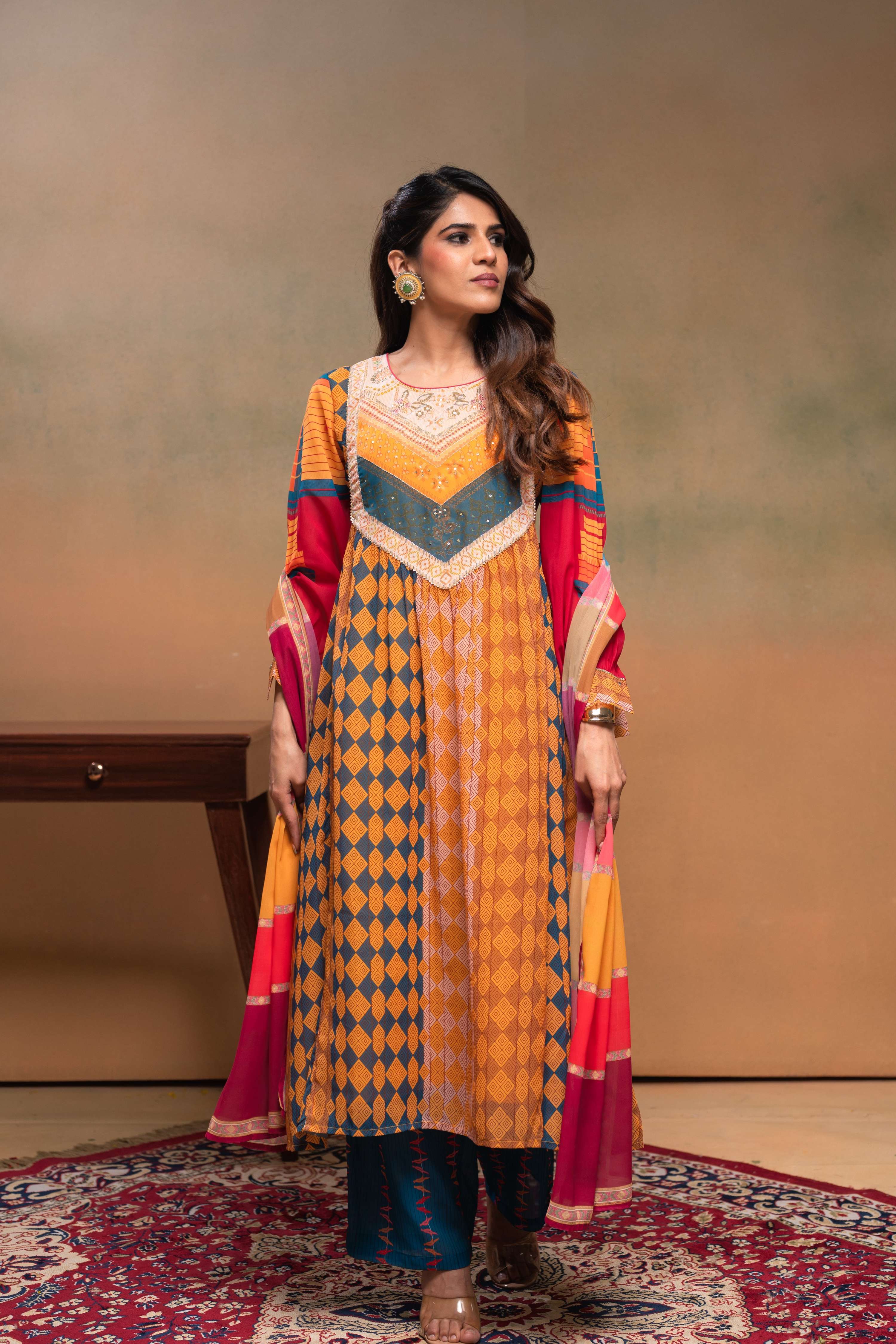 Juniper Mustard Man Made Fiber Ethnic Gathered Flared Kurta With Pants & Dupatta Set With Beads & Sequence Work - Distacart