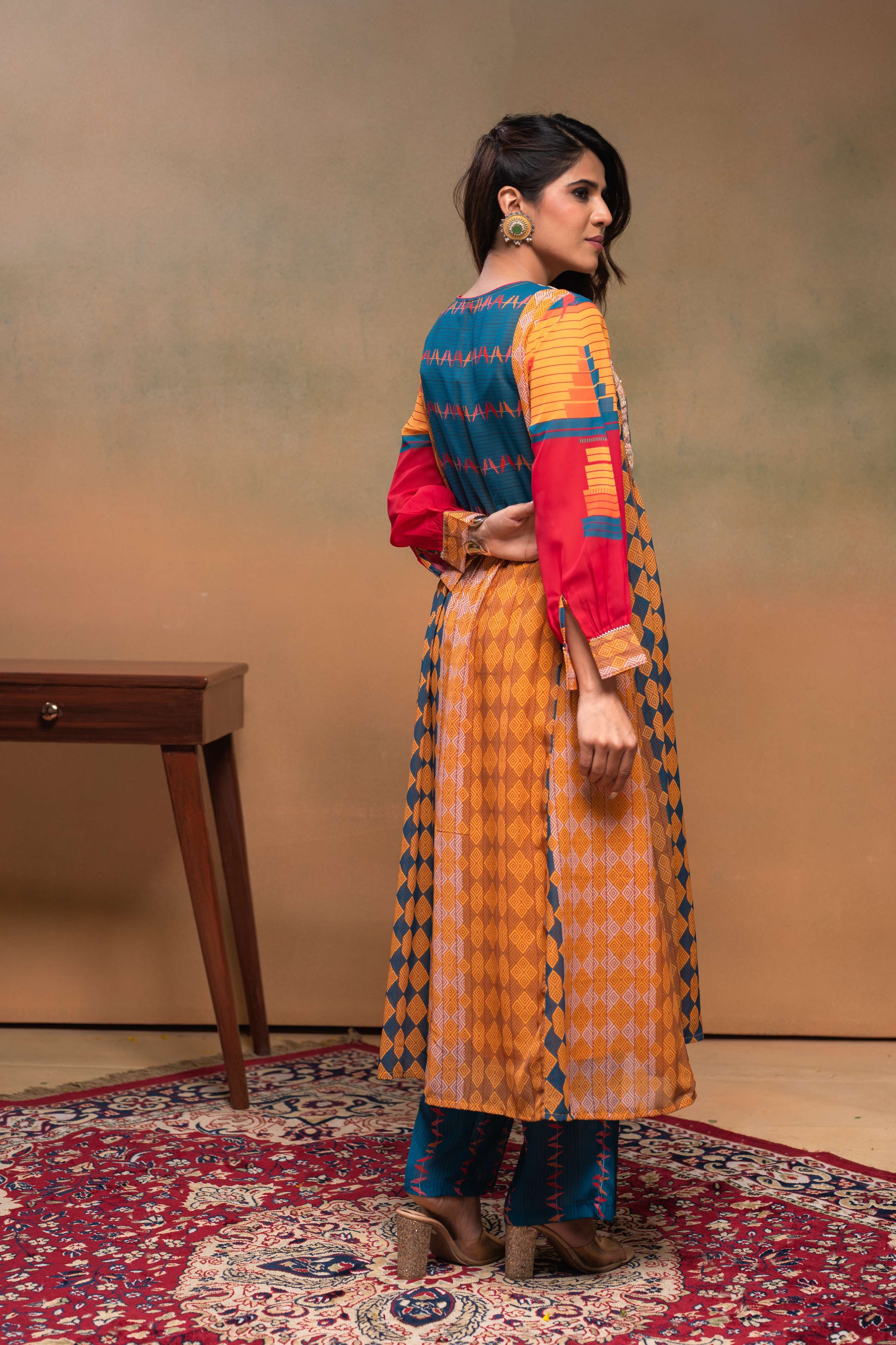 Juniper Mustard Man Made Fiber Ethnic Gathered Flared Kurta With Pants & Dupatta Set With Beads & Sequence Work - Distacart