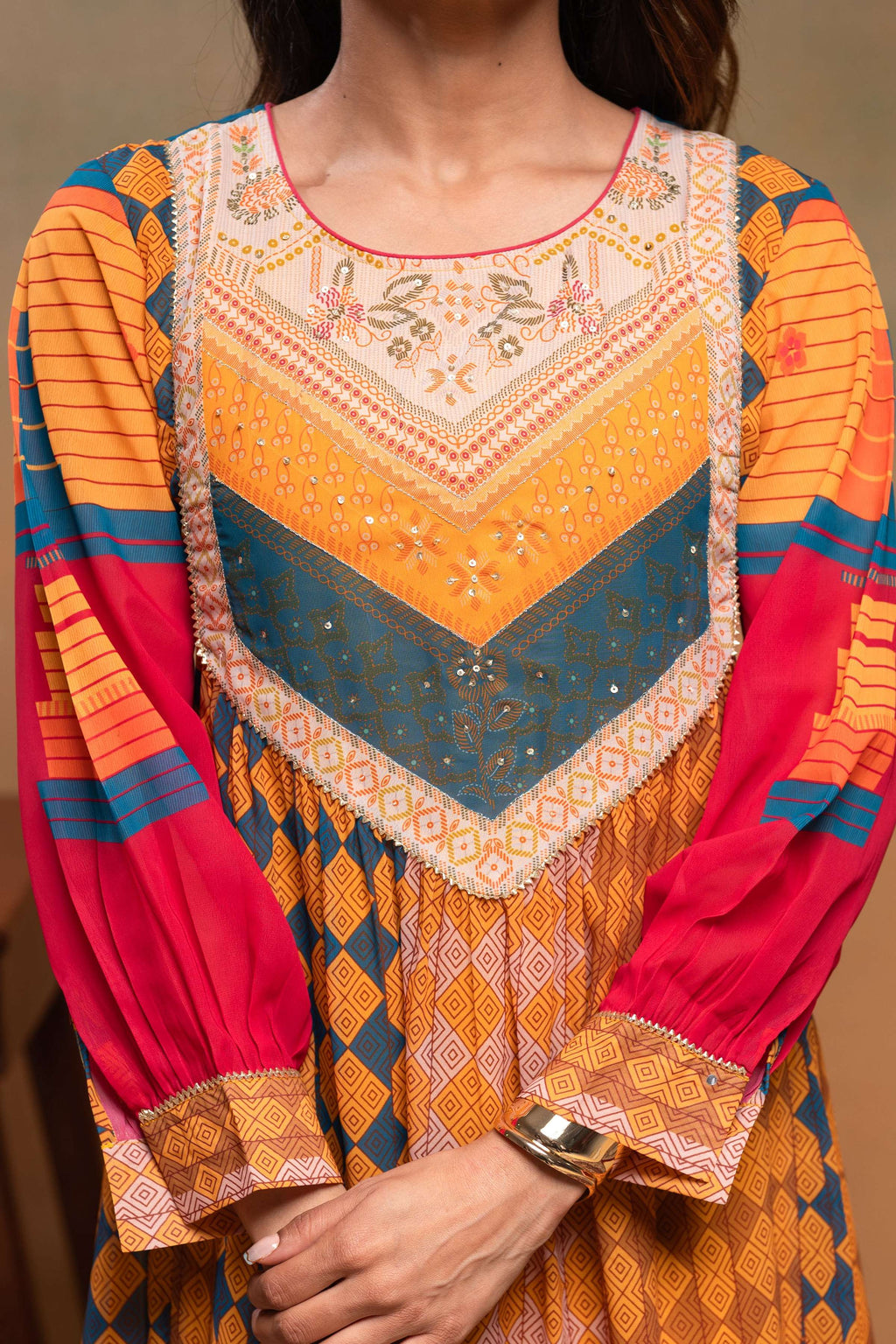 Juniper Mustard Man Made Fiber Ethnic Gathered Flared Kurta With Pants & Dupatta Set With Beads & Sequence Work - Distacart