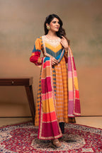 Juniper Mustard Man Made Fiber Ethnic Gathered Flared Kurta With Pants & Dupatta Set With Beads & Sequence Work - Distacart