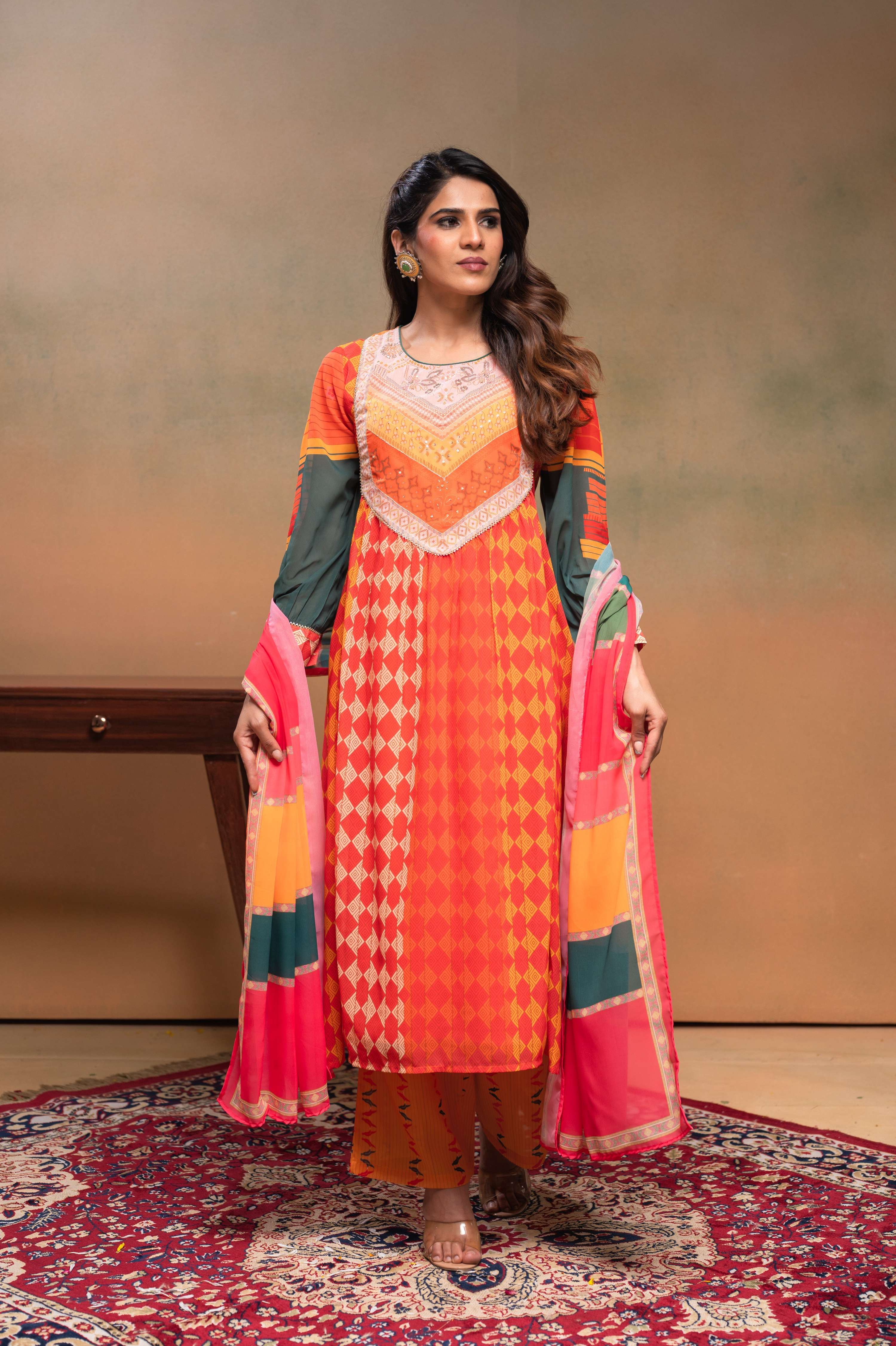 Juniper Orange Man Made Fiber Ethnic Gathered Flared Kurta With Pants & Dupatta Set With Beads & Sequence Work - Distacart