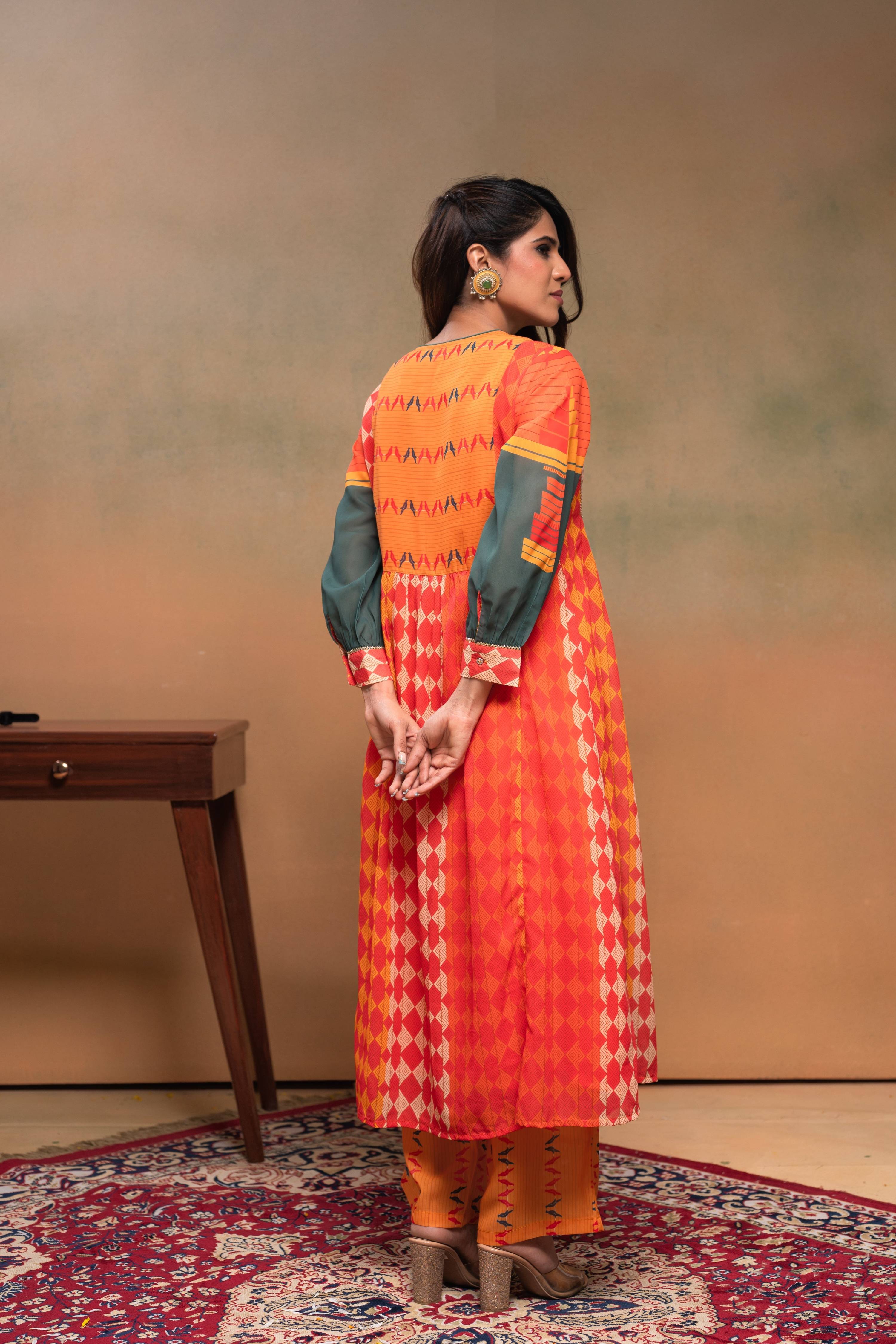 Juniper Orange Man Made Fiber Ethnic Gathered Flared Kurta With Pants & Dupatta Set With Beads & Sequence Work - Distacart