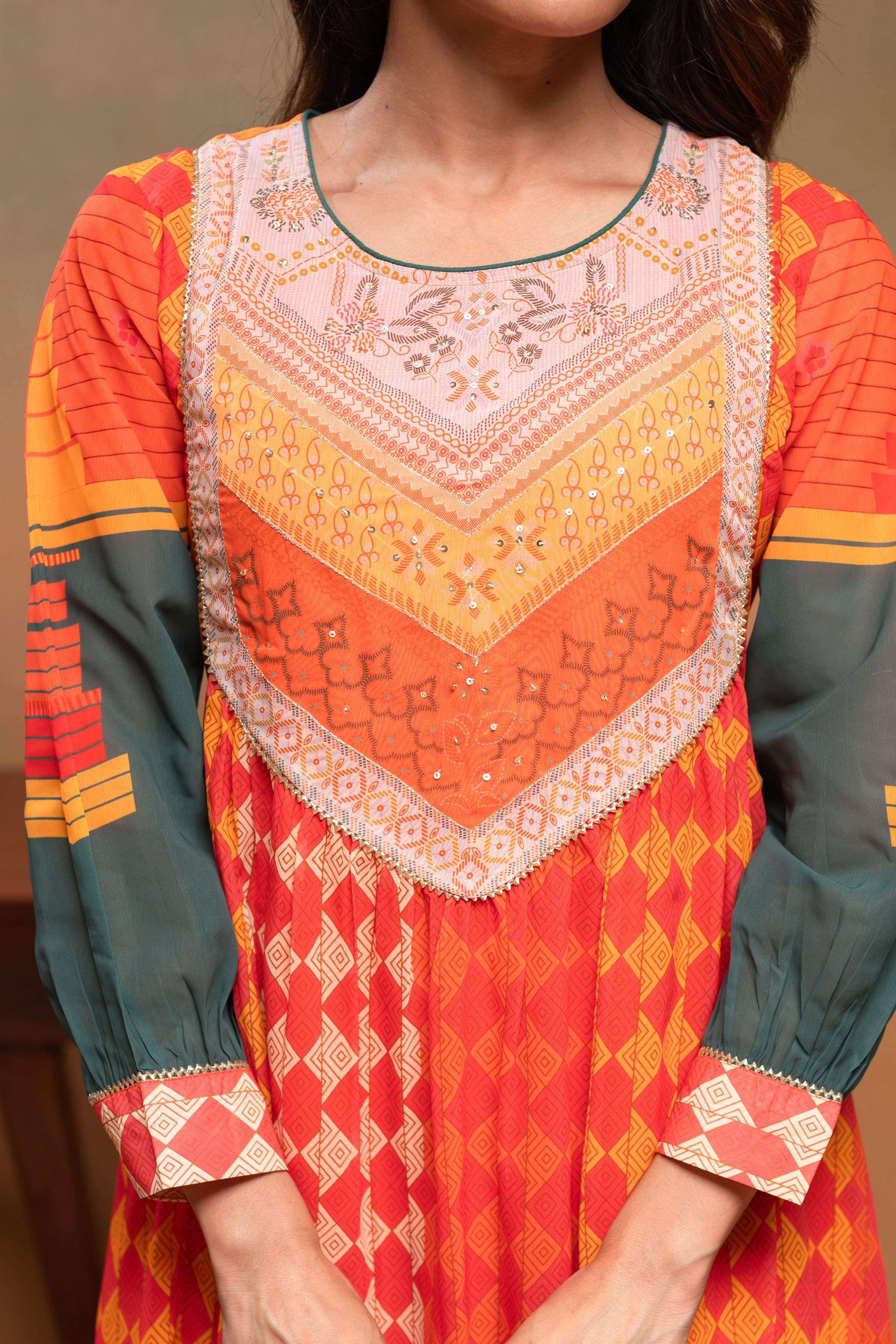 Juniper Orange Man Made Fiber Ethnic Gathered Flared Kurta With Pants & Dupatta Set With Beads & Sequence Work - Distacart