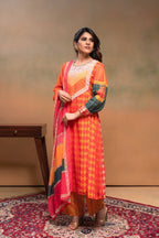 Juniper Orange Man Made Fiber Ethnic Gathered Flared Kurta With Pants & Dupatta Set With Beads & Sequence Work - Distacart