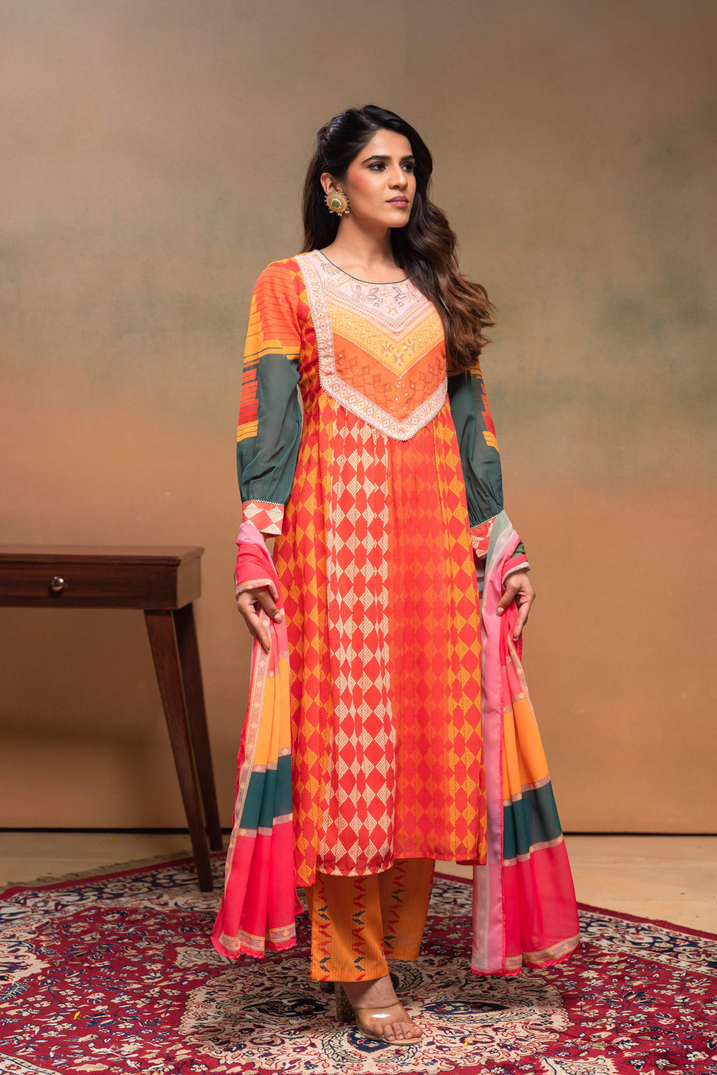 Juniper Orange Man Made Fiber Ethnic Gathered Flared Kurta With Pants & Dupatta Set With Beads & Sequence Work - Distacart