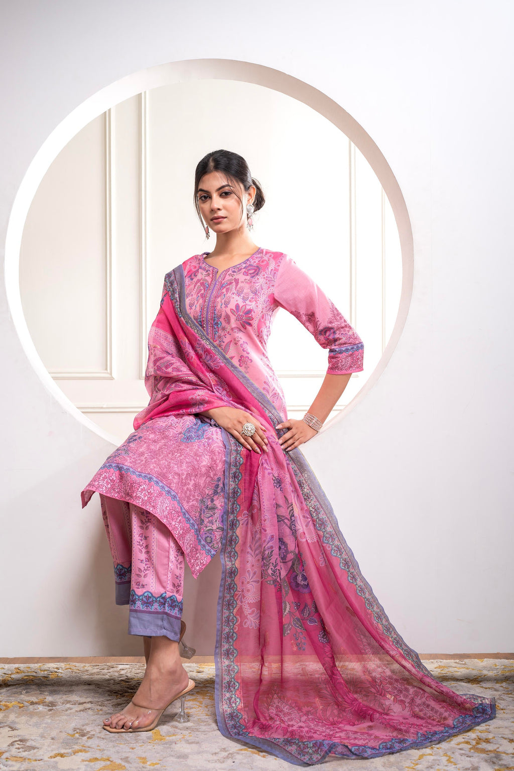 Juniper Lavender Floral Printed Kurta With Pant And Dupatta, Sequence & Beads Work - Distacart