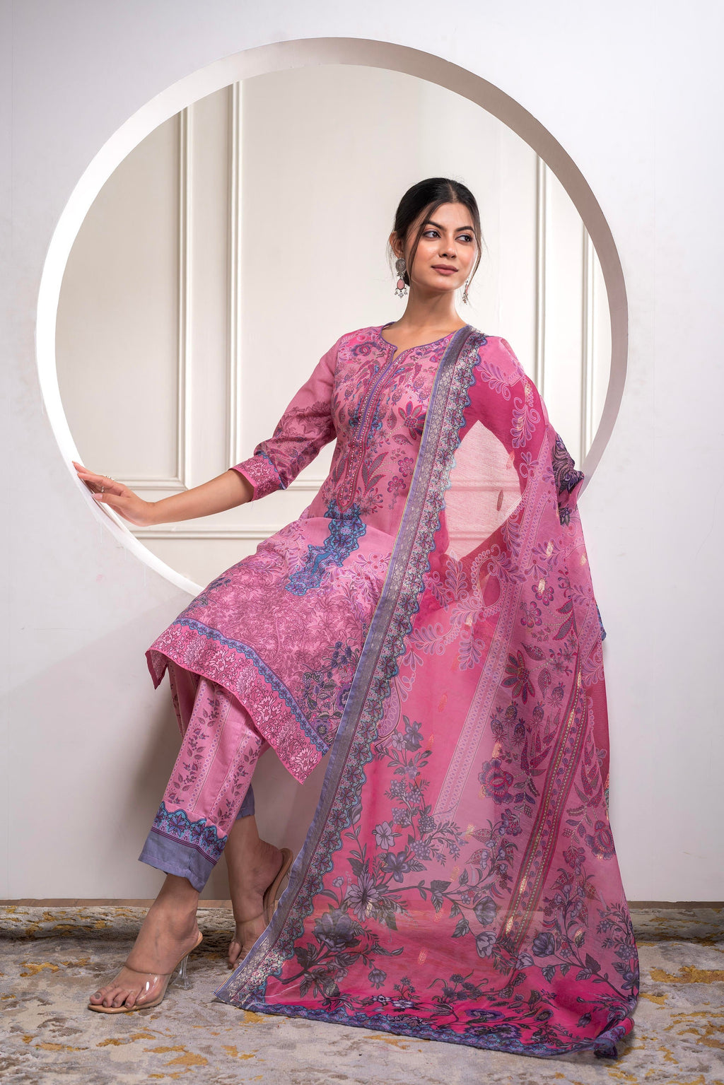 Juniper Lavender Floral Printed Kurta With Pant And Dupatta, Sequence & Beads Work - Distacart