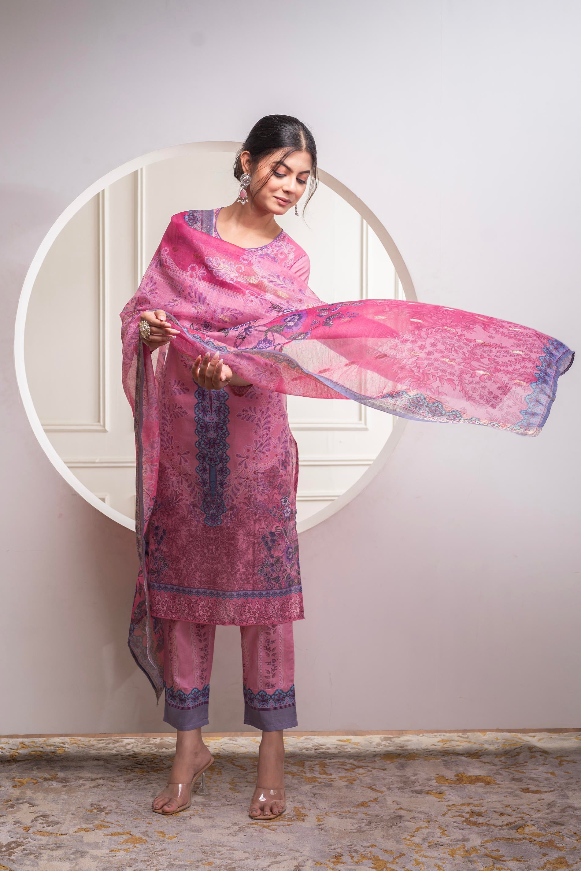 Juniper Lavender Floral Printed Kurta With Pant And Dupatta, Sequence & Beads Work - Distacart