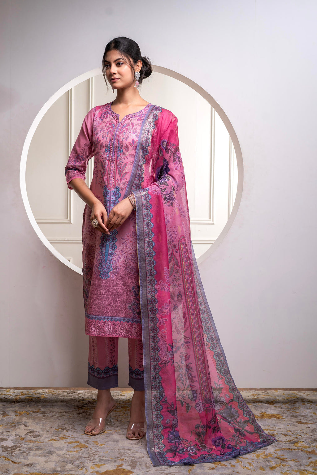 Juniper Lavender Floral Printed Kurta With Pant And Dupatta, Sequence & Beads Work - Distacart