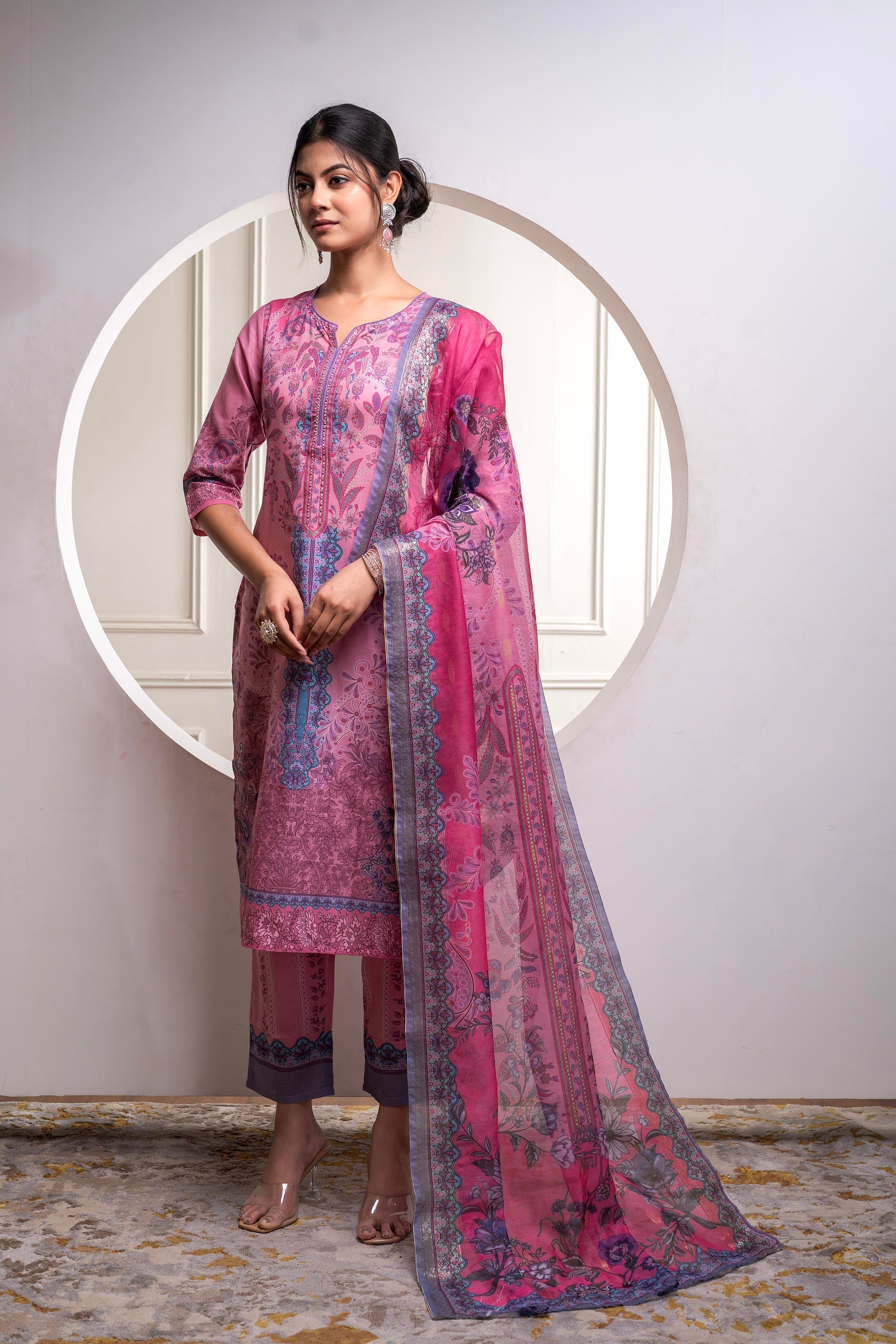 Juniper Lavender Floral Printed Kurta With Pant And Dupatta, Sequence & Beads Work - Distacart