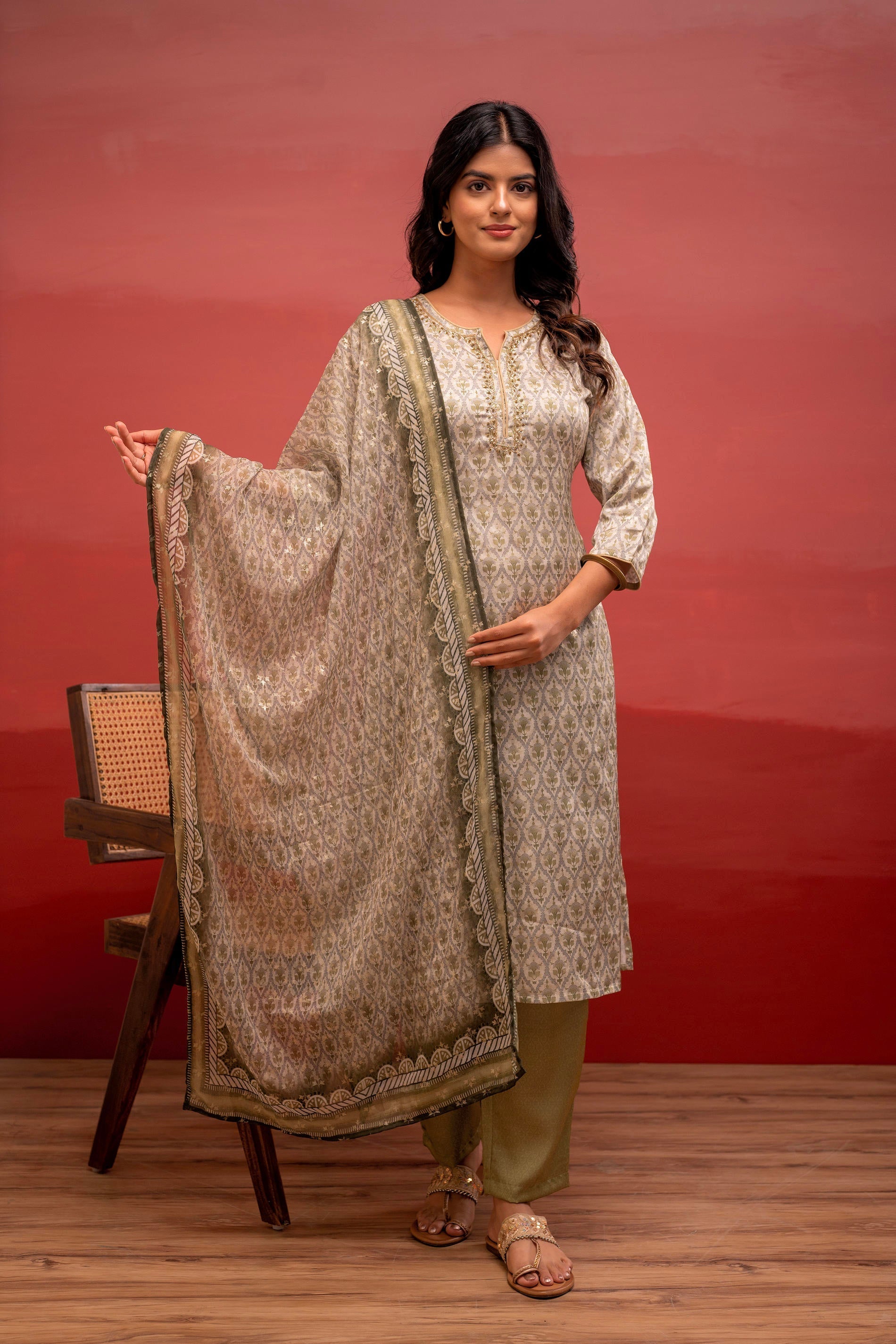 Juniper Green Floral Printed Kurta With Pant And Dupatta, Beads Work - Distacart