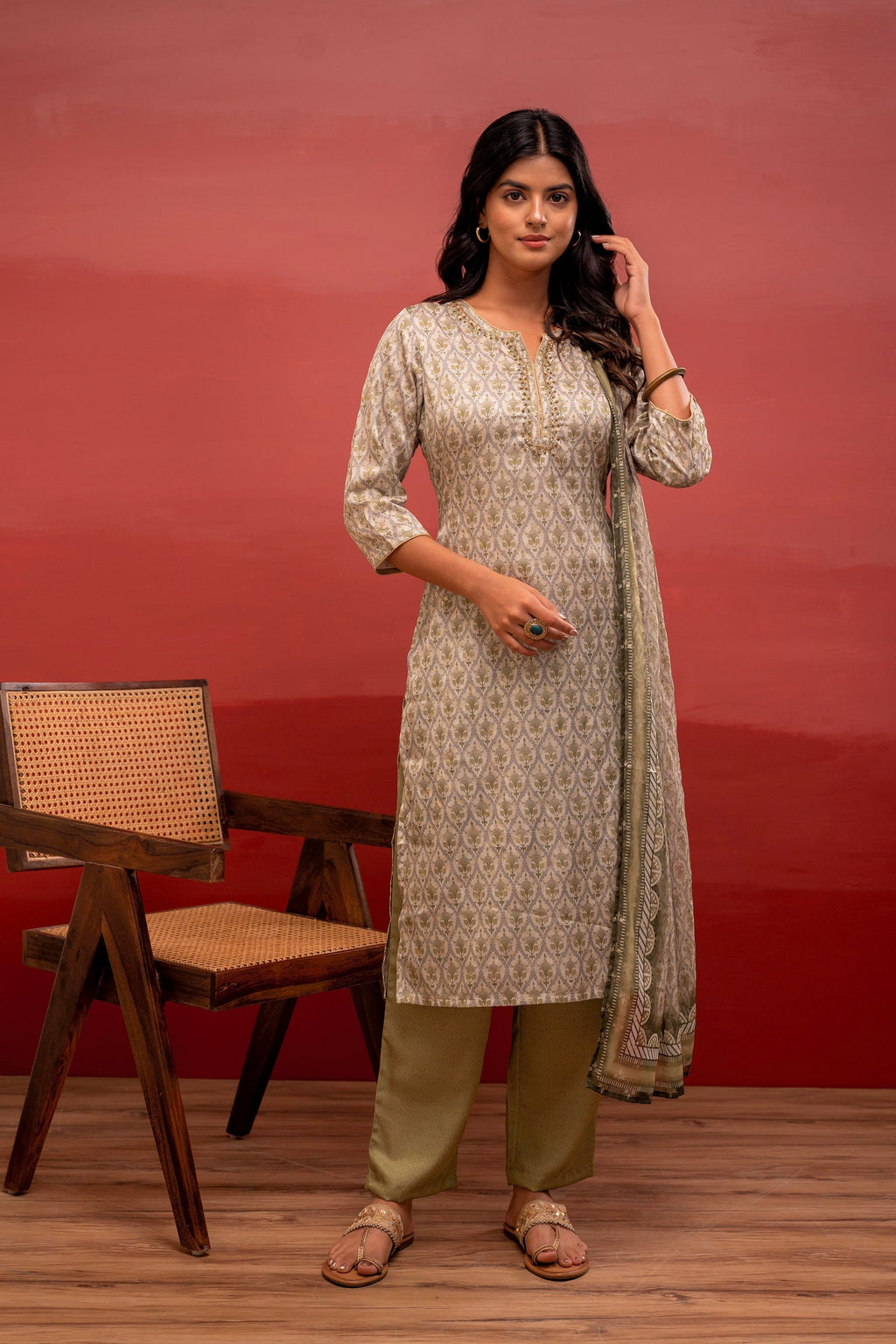 Juniper Green Floral Printed Kurta With Pant And Dupatta, Beads Work - Distacart