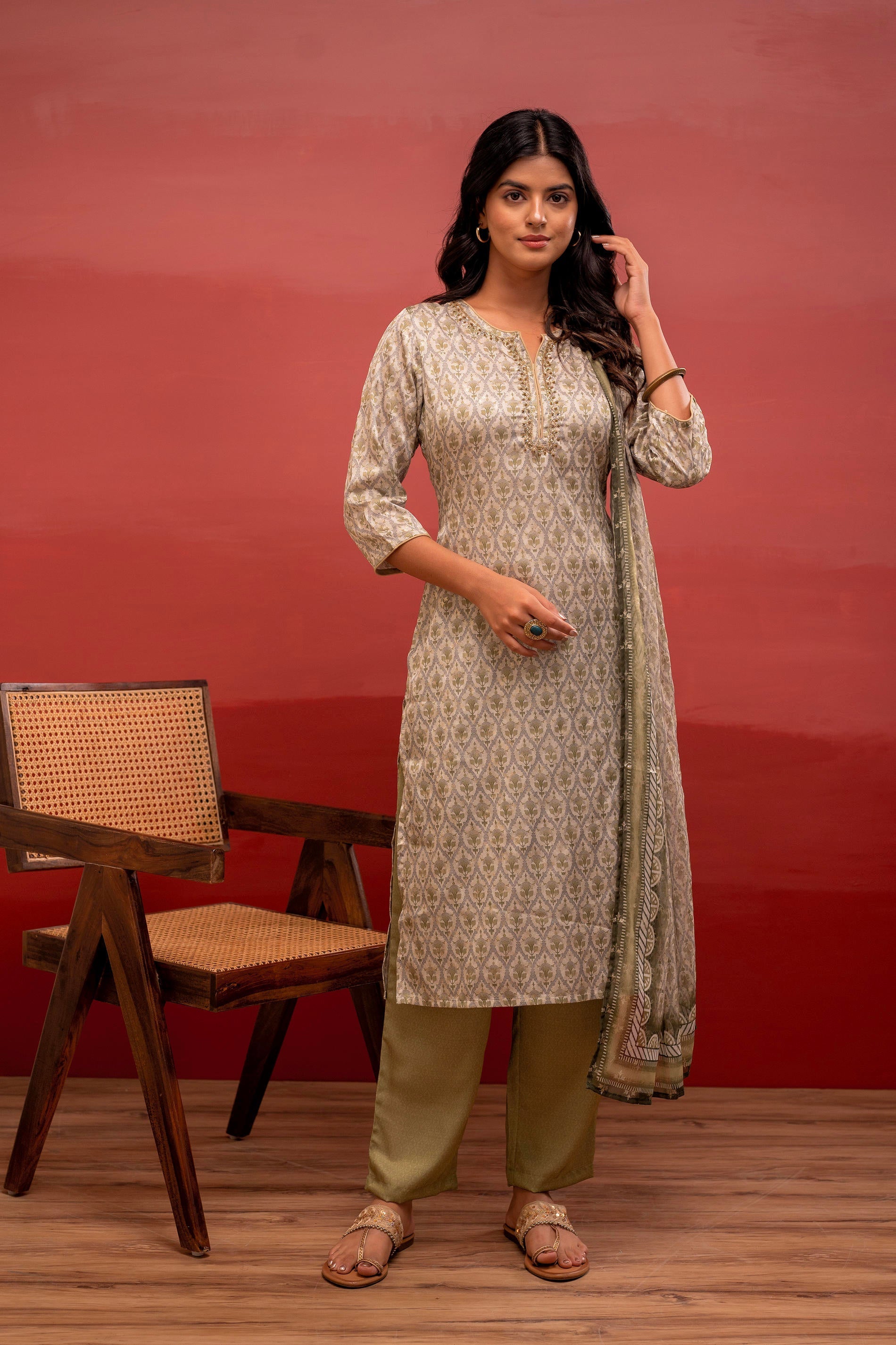 Juniper Green Floral Printed Kurta With Pant And Dupatta, Beads Work - Distacart