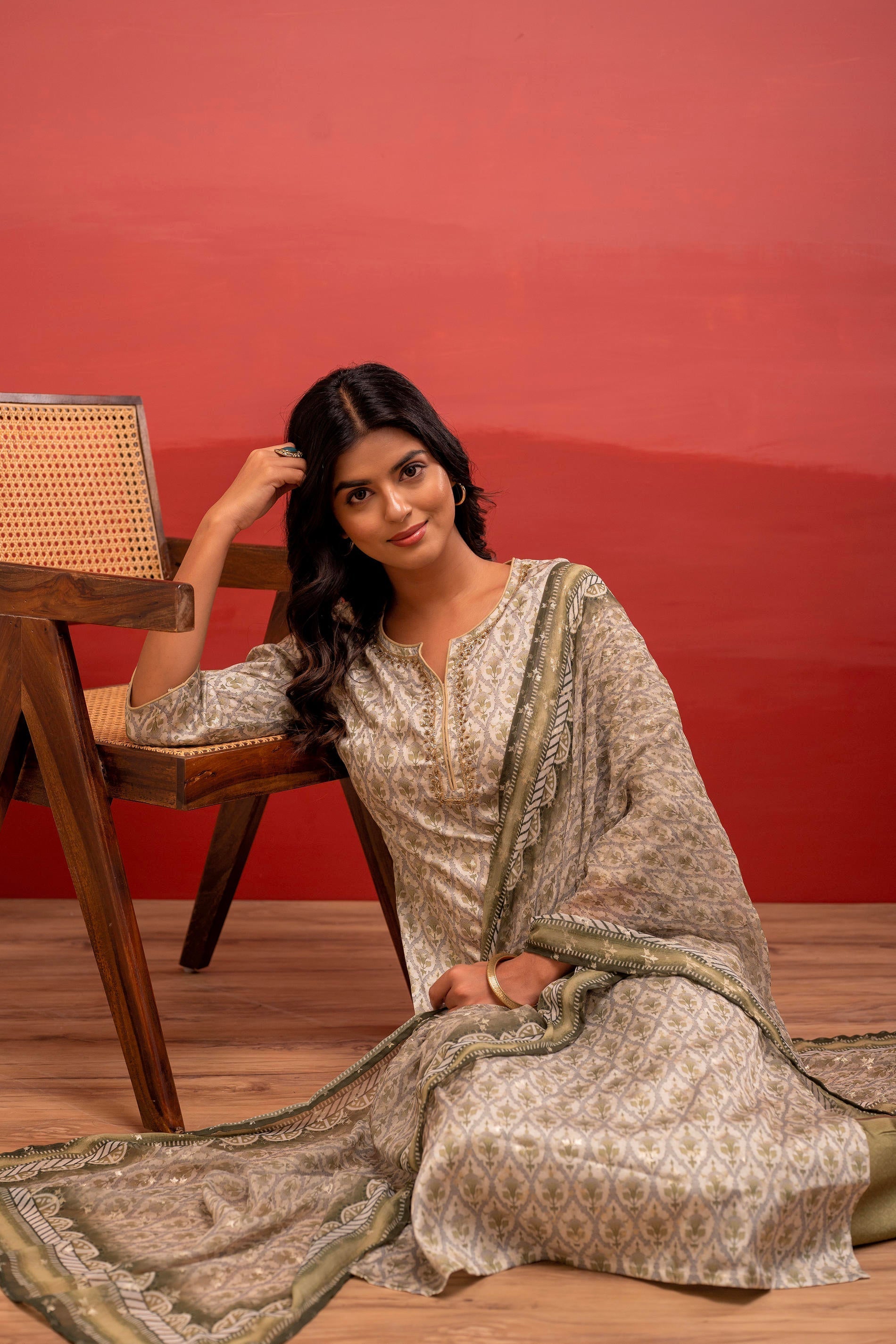 Juniper Green Floral Printed Kurta With Pant And Dupatta, Beads Work - Distacart